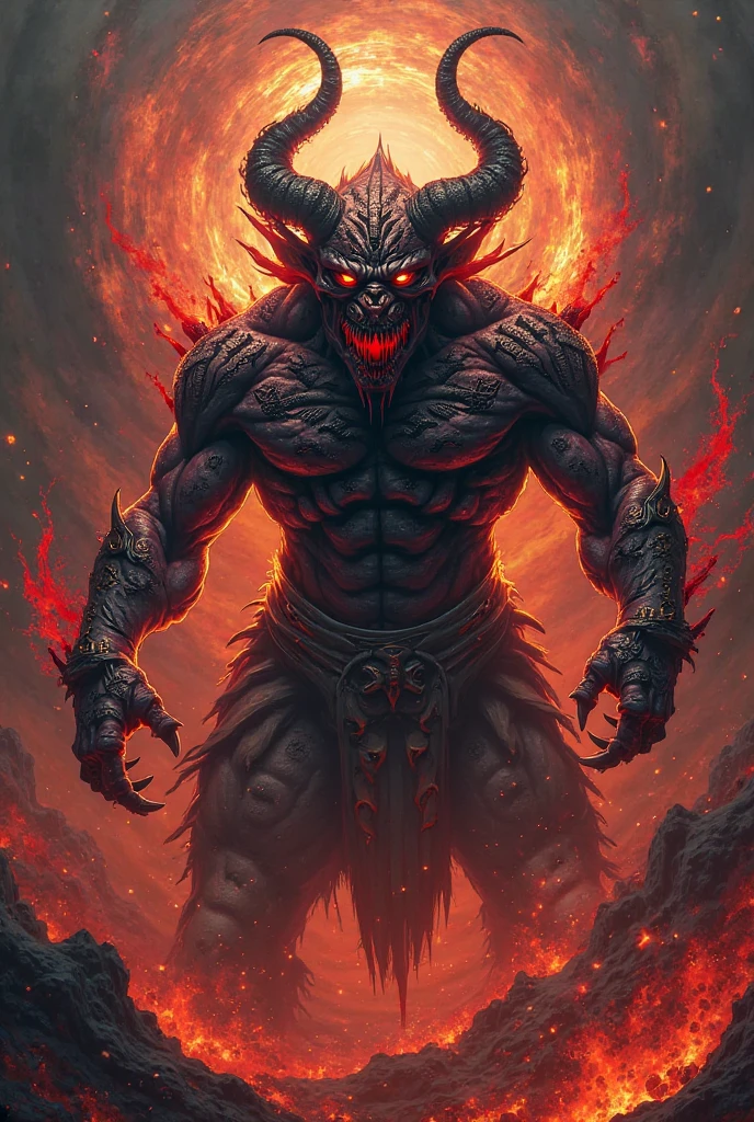 Cosmic horror Lovecraft colors, a muscular monster with horns, surrounded by red flames, hell, cinematic texture