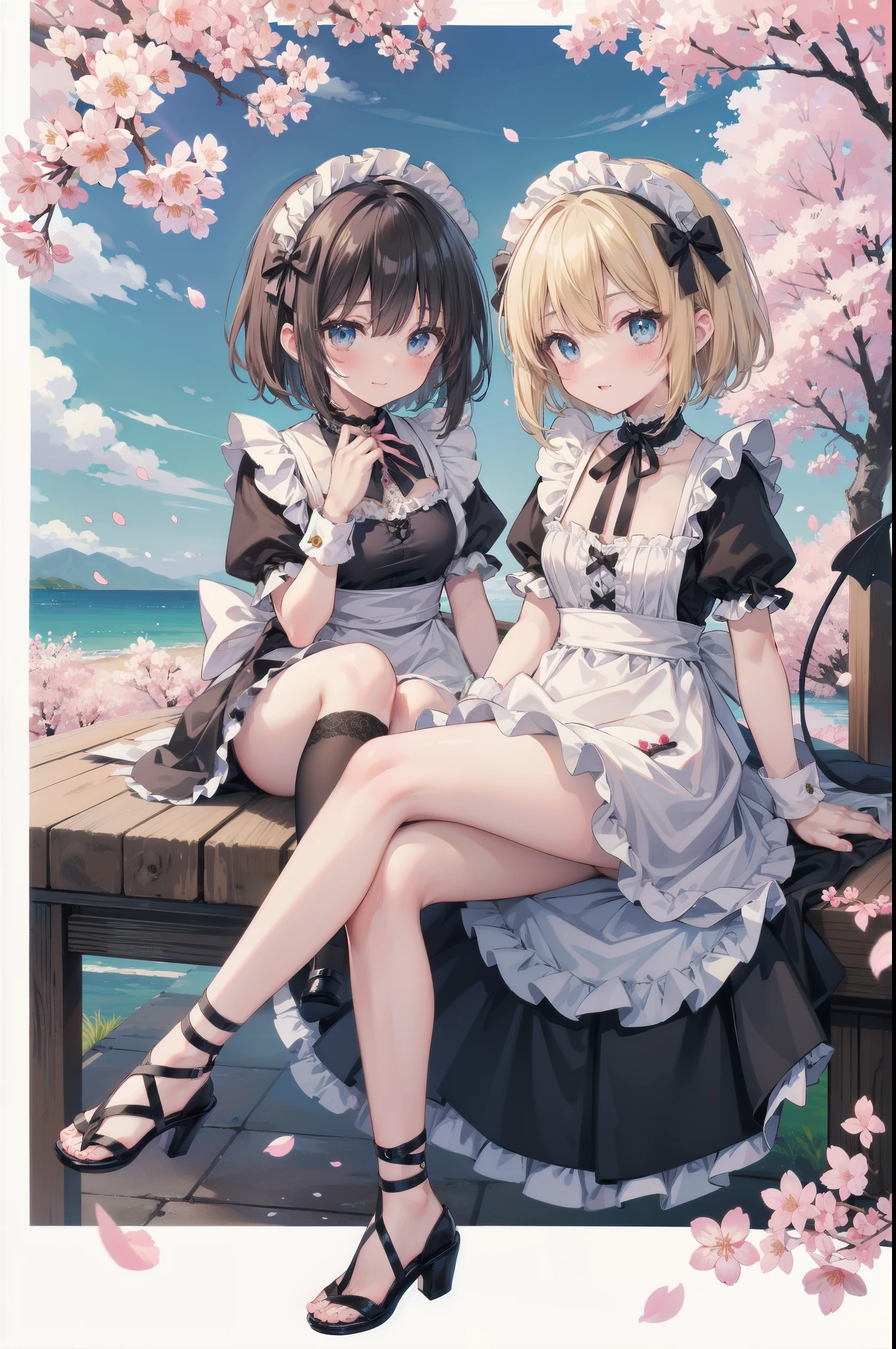 Gently stare, by krenz Cassiato , Asuka, is sitting, Asuka, anime styleイラスト, official art, high quality anime style art, high resolution, anime style, (Cherry Blossom Little Devil Maid:1.3),
Playful yet elegant maid mini dress in deep pink and white,
with heart-shaped chest cutout and tiny black lace details along hem,
Small glossy black horns decorated with tiny sakura flowers, matching forked tail with pink satin bow,
Black ribbon choker with sakura charm,
and lace-up heels with sakura petals caught in ribbons,
blending mischievous allure with springtime charm,
BREAK
(face close-up), (NSFW:1.2), ( blond and blue eyed), head accessory, (flat chest:0.8), (Blue sky in May and carp streamer decorations fluttering horizontally for ren's Day:1.2),