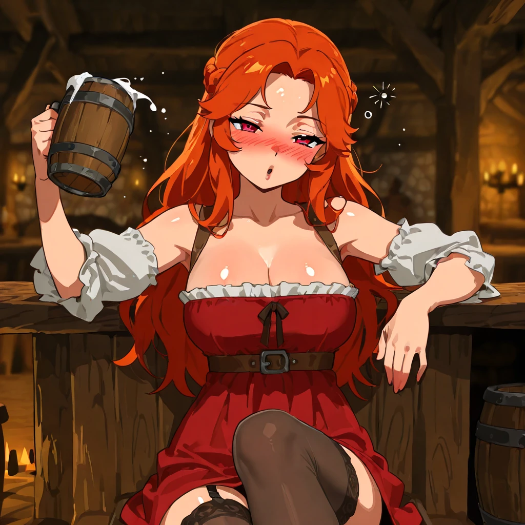 a woman in a red dress, sitting at a bar, two orc men, beautiful detailed eyes, beautiful detailed lips, extremely detailed eyes and face, long eyelashes, detailed facial features, detailed clothing, detailed background, female surrounded by orcs, in a pub, tavern setting, concept art, fantasy, world of warcraft, warcraft style, pixiv, safe for work, high quality, detailed, photorealistic, 4k, masterpiece, blushing, undressing her dress, showing tits, trying to cover tits