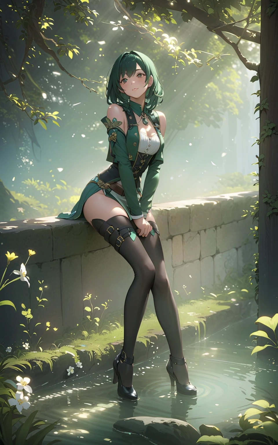 ((realistic: 1.5)),((best quality)), ((masterpiece)),((detailed)), woman, with short green hair, red eyes, eye patch, long legs, curves, small breasts, general's clothes, without exposing the body, wide hips, long eyelashes, sitting on a stone, in the middle of the forest
