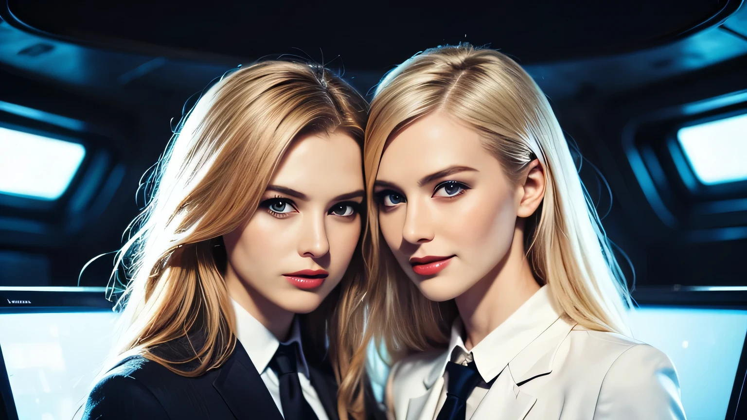 so that the face fits in the frame,head fits in frame,So that the hair fits in the frame, upper body shot of 2 beautiful white supermodels walking apart with blue eyes, 18 years old, platinum blond hair,cosplayers full of personality,large event venue on the top floor of a skyscraper in the background,with gold tie、Blue sapphire crystal on a tie、sapphire brooch on top of tie、Emerald jewel on collar、emerald brooch on collar、 business style (long-sleeved high neck shirt with ties and blazer),The collar closes to the neck,small breasts,gentle smile,Both of them are white beautiful supermodels with platinum blond hair,Operating a keyboard,口を開けてlaughs,(lip gloss, long lashes, Shiny surface, about), (eyeshadow), (Pointy Nose),sharp chin,Large office floor in a skyscraper in the background,real skin,UHD,8k,high quality,high resolution,rich in details,studio lighting,very detailed VFX portrait,Highest Quality,celebration, 😊😳,laughs,2 beautiful white models aboard a spaceship traveling through the galaxy so that their face, head, and hair fit in the frame,front view