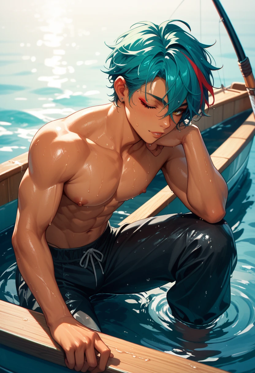 1boy, ((bara:1.5)), sport body, sexy, spread legs, detailed face, detailed hands, detailed legs, detailed fingers, detailed hair, detailed eyes, detailed skin, dynamic lighting, (detailed lighting:1.2), (detailed textures:1.3), (realistic lighting:1.2), realistic shadows, realistic skin, (photorealistic:1.4), 8k uhd, (hyper realistic), (photo realistic), (masterpiece), (best quality), body paint, small tiny black g-string, bare chest, flat chest, bare shoulders, small bulge, underwater, wide angle, swimming, athletic body, male, iridescent skin, perfect eyes, messy green hair , bio-luminescent