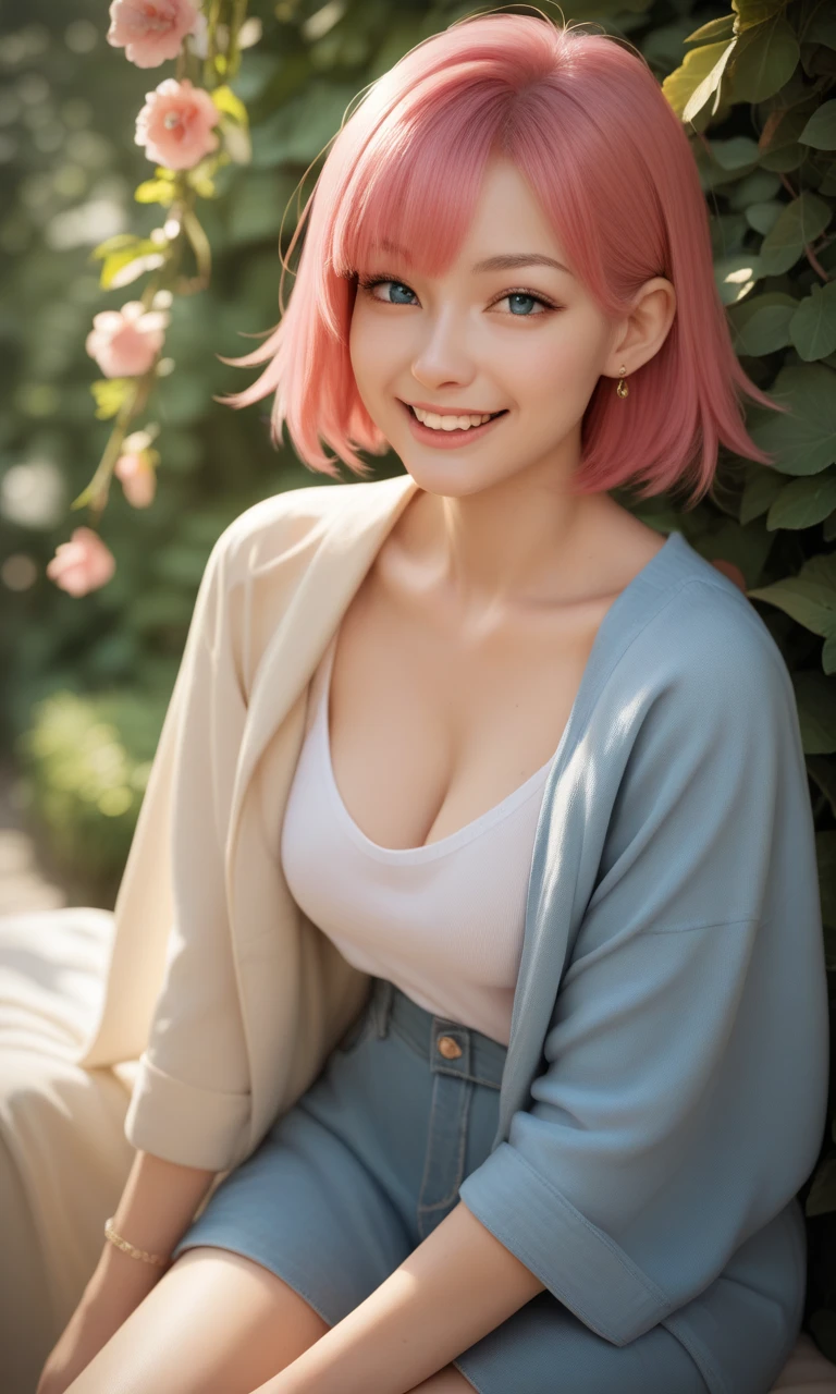 (Wearing a jacket and shirt、Close-up of a girl with short hair:1.5)、(Dancing with a smile、Girl with wind-blown hair :1.5)、(Blue sky and cherry blossoms in full bloom:1.5)、(Perfect Anatomy:1.3)、(No mask:1.3)、(Full Finger:1.3)、Realistic、photo shoot、Tabletop、highest quality、High resolution, Delicate and beautiful、Perfect Face、Fine and beautiful eyes、Fair skin、Real human skin、((Thin legs))、 Facial pores,alone,One Girl,, Fine detailed, ((detailedな顔)), (detailed),(Realistic lighting: 1.1), ((Adorable face)), Sexy Woman, Cosplay、HARUNO SAKURA のCosplay、Beautiful forehead、((double eyelid))、((detailedな瞳))、Pink Hair、Green Eyes((Slanted Eyes))、Big eyes、Thin eyebrows、Cosplay、hair band、Thin lips、Big Breasts、((Cleavage))