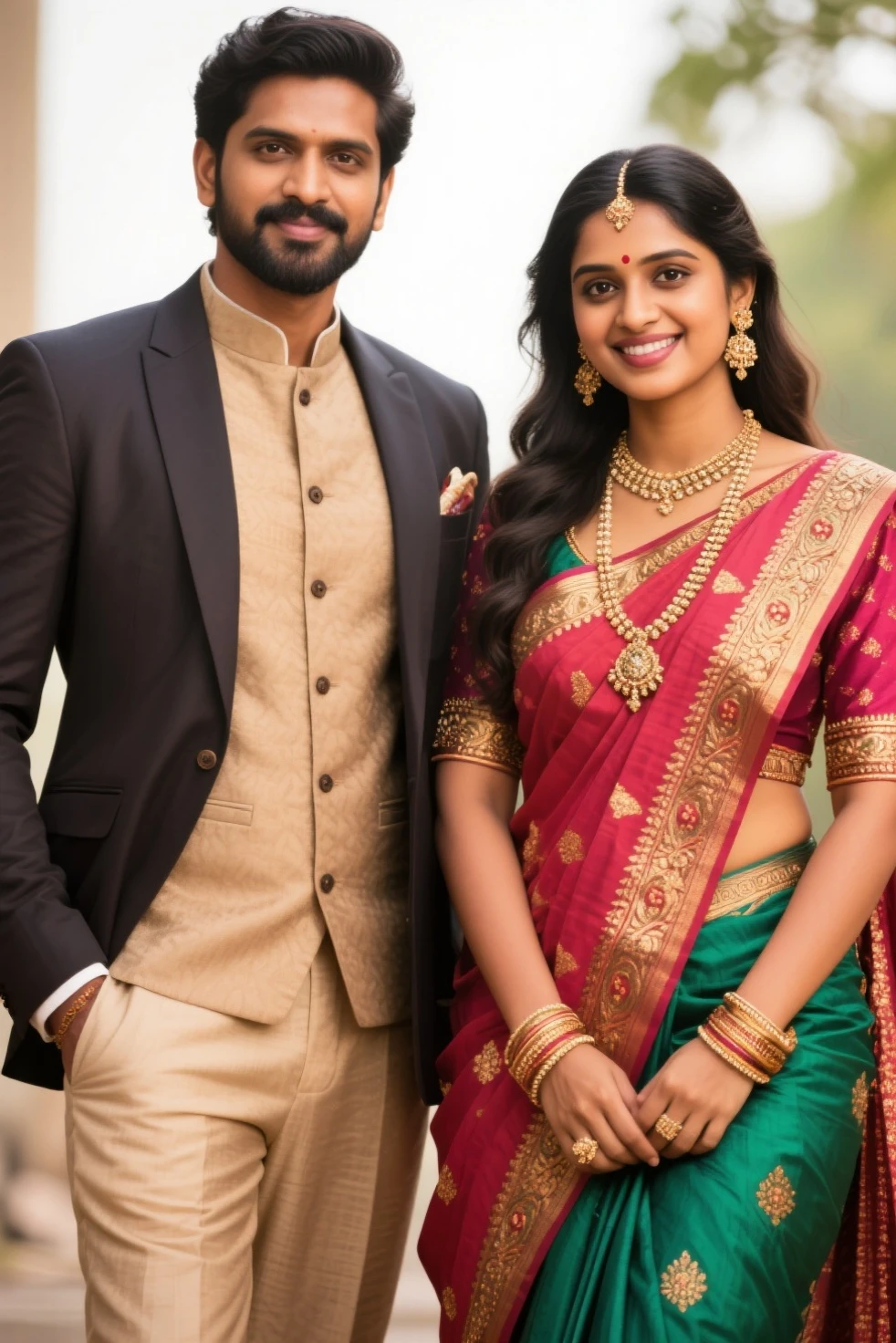 an indian girl of short height with hip length hair and hazel eyes standing with her indian husband a tall man with a well built body with sharp jawline standing as a couple with zephyr written on top of the image