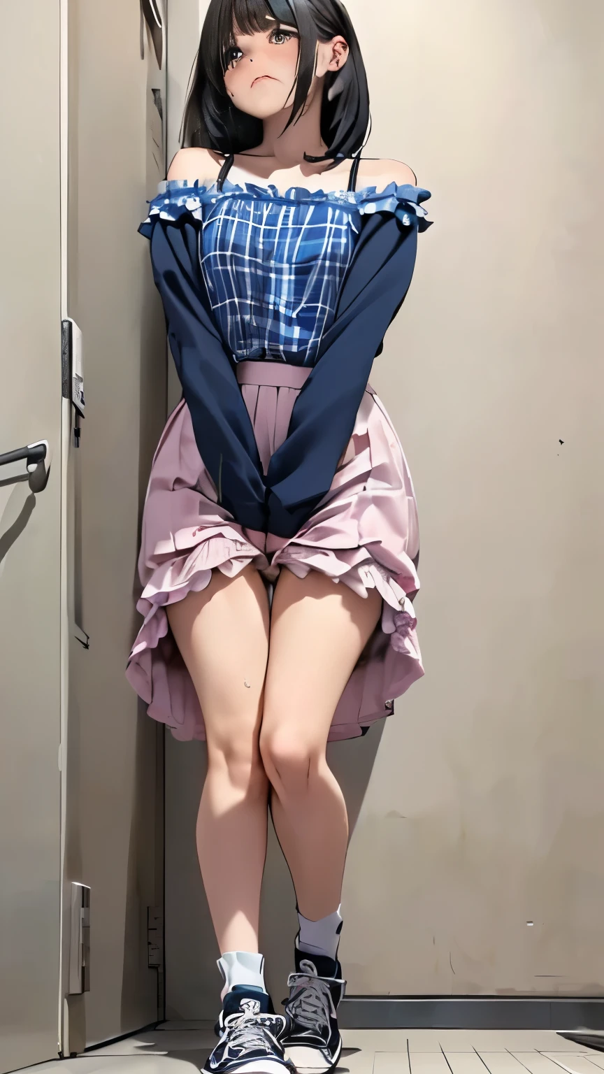 Arapei woman sitting on suitcase wearing mask, dressed as schoolgirl, loli in dress, thighs close, wearing pink dress, cute schoolgirl, wearing skirt, pink skirt, pink skirt, legs visible, pink miniskirt, sitting on train, little curvy loli, schoolgirl posing, low quality