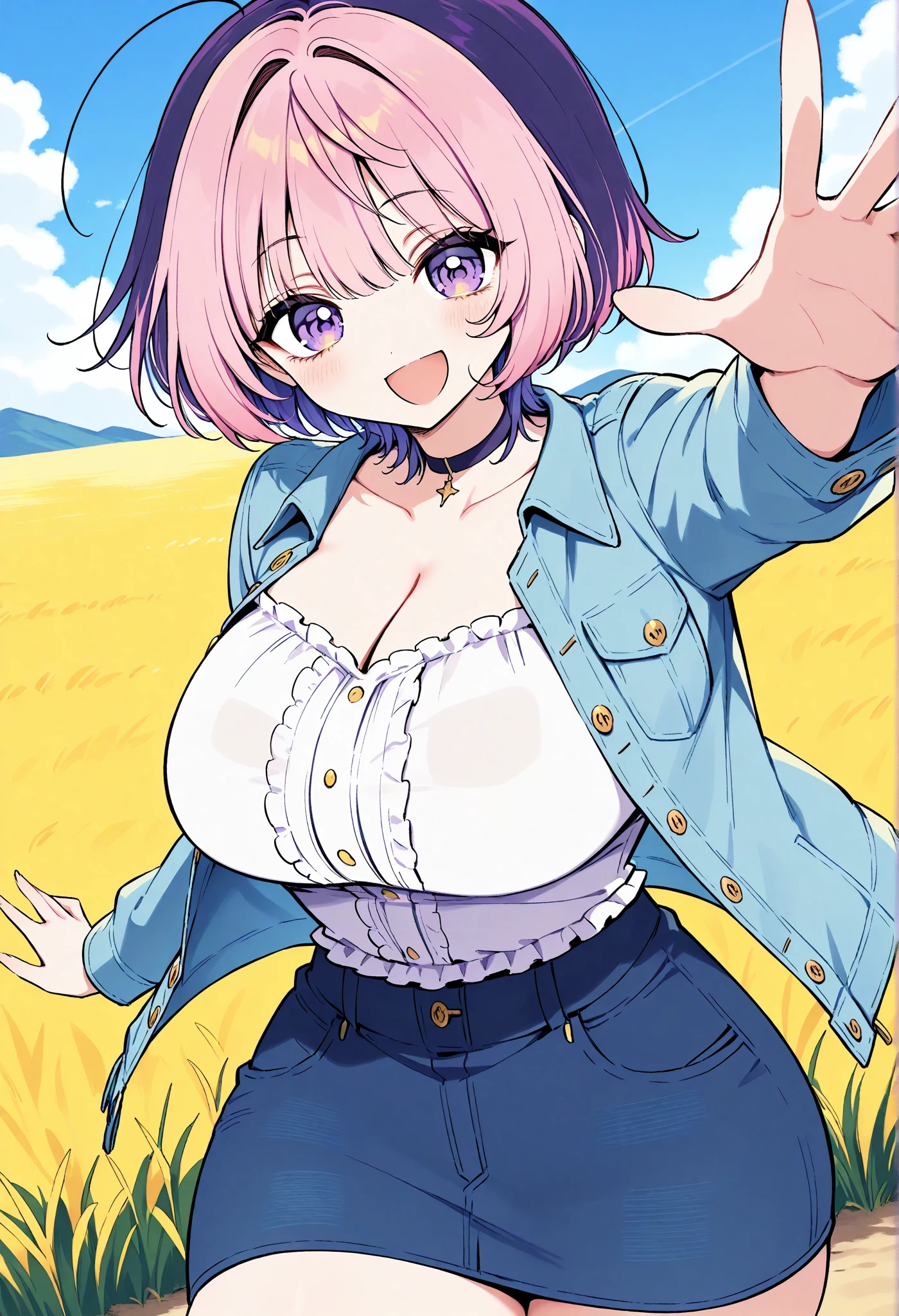 blue eyes,short hair,jewelry hairband, short hair, bob cut,masterpiece, high quality, best quality, an aroused girl, (grabbing_own_breast:1.4), cleavage, lingerie, purple hair, freckles, hairs, straw hat, plaid shirt, denim shorts, (sitting in a corn field), open mouth, (blush:1.2), (sweat:1), (sunny:1.2) female masturbation