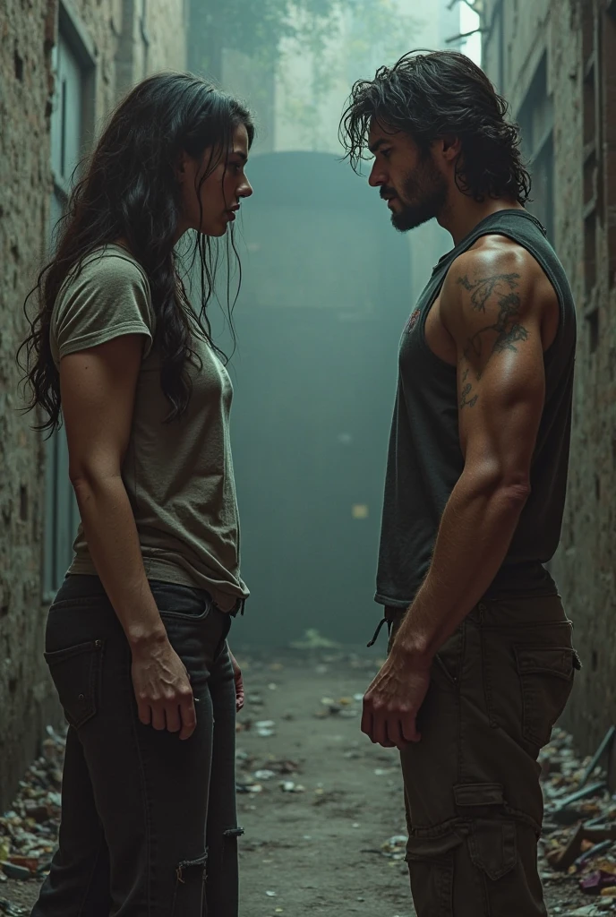 1 muscular man and 1 woman facing a luxurious house with shabby and dull clothes with scratch marks on their bodies.