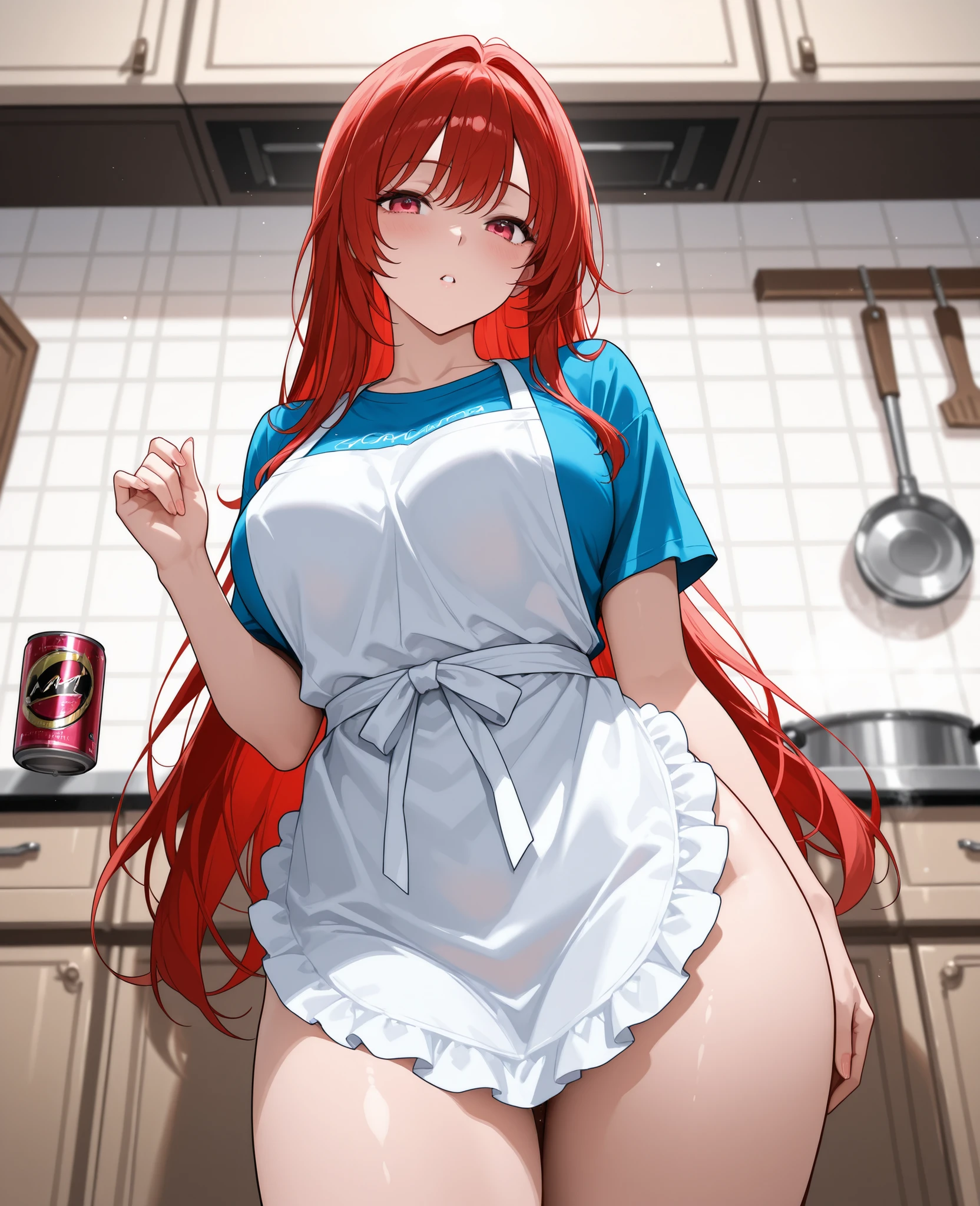 (Best Quality, Masterpiece),sexy mommy, Front cover of a women's cooking magazine, , naked, erotic, 18+, nsfw, 1girl, 30 years old, stunning, cute, smile, hourglass figure, Maid costume, beautiful food, text, diagrams, advertisements, magazine title, long red hair,red detailed sparkling eyes,One strand of hair hangs down over his forehead, One eye is covered by bangs