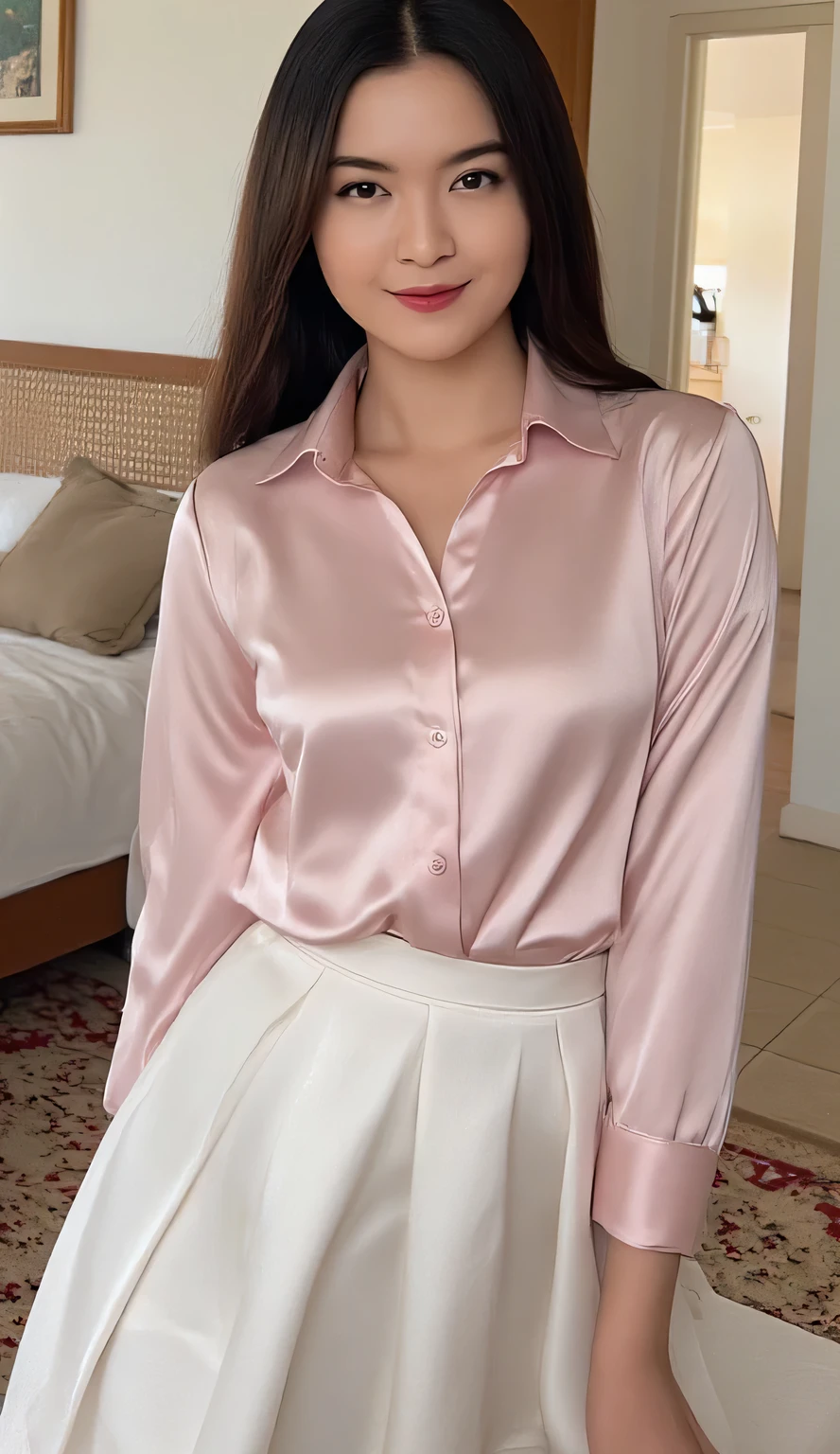 a woman, sitting in the bedroom, shirt looks full body, body facing the camera, uses slimfit formal shirt satin material pink color, long skirt satin material white color fishtail model, big size G-cup, red lips, ideal body shape
