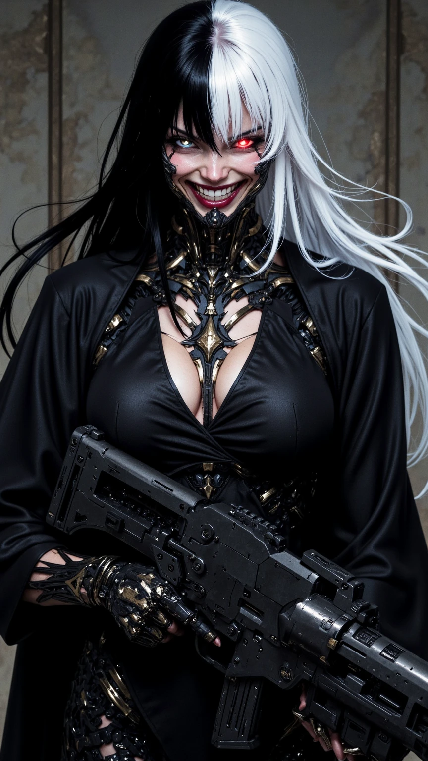(masterpiece, 8k, 4k, extremely detailed, dynamic shading, best quality, strong linework, absurdres:1.1) nice hands, perfect hands, sexy, mature, milf, 1girl,(huge tits:1.3)<lora:more_details:1> <lora:colorize:0.5> <lora:lora:lbw=all:stop=35> Sephiroth (Final Fantasy), long black jacket, (bdsm, belts, chest strap, harness:1.3), full moon, gloves, long grey hair in a ponytail and split bangs, open jacket, (long jacket short skirt:1), long sleeves, sephiroth, simple background, shoulder armor solo, white gloves, holding weapon