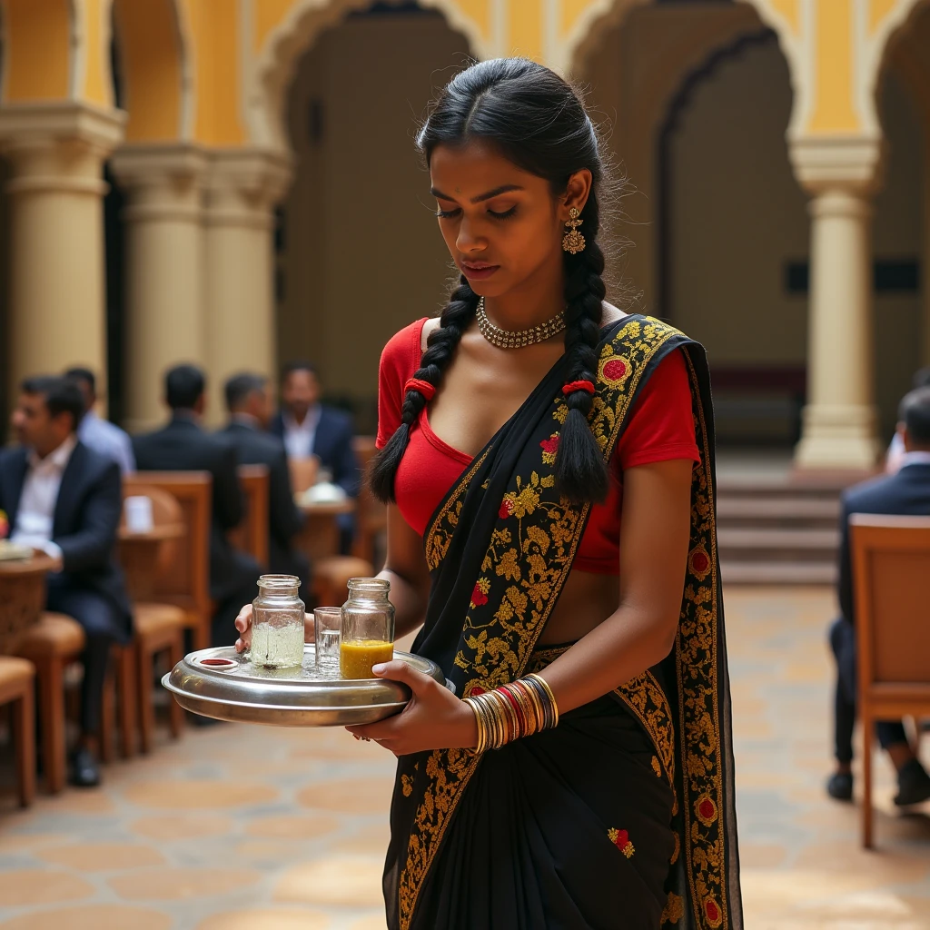 a sexy tamil aunty in office, dark skin, sexy smile, office aunty ,saree drop, big ass, black lipstick, high heels, bringing tea,
