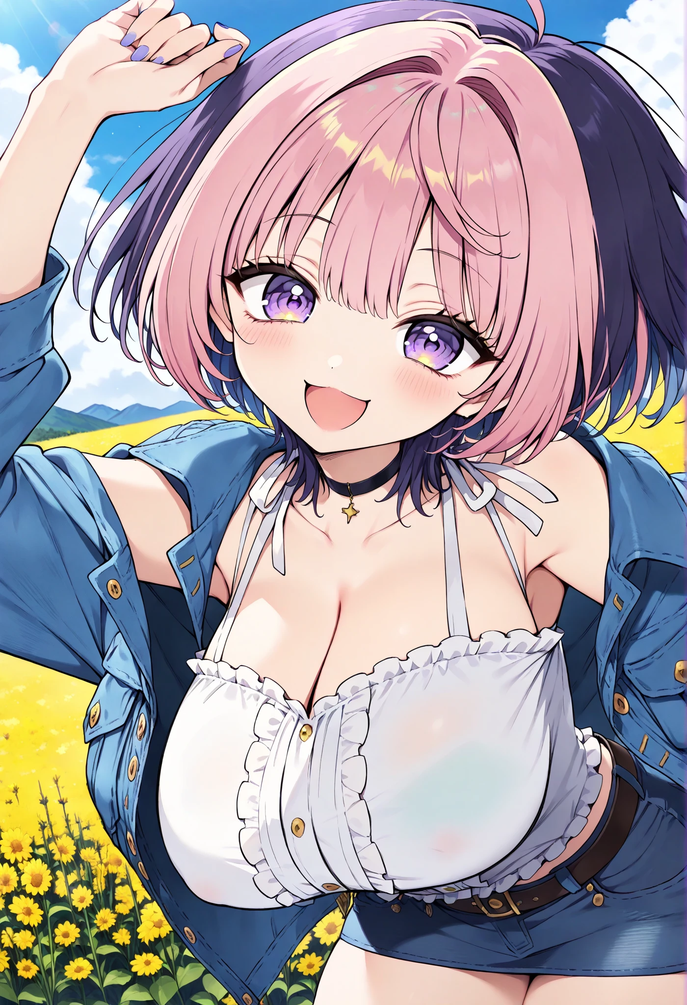 1girl, open shirt, <lora:sagging-v2.5:1>large breasts, sagging breasts, breasts apart, nipples, park, tree shade