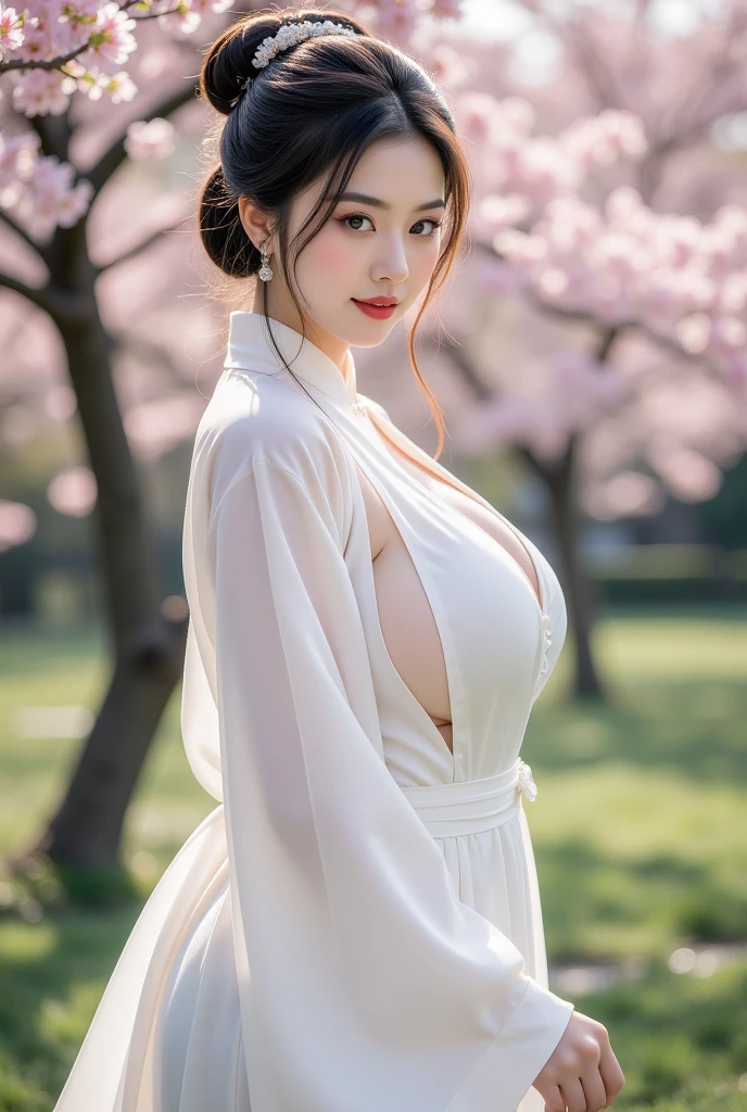NSFW, 8k RAW photo, top-quality, masterpiece, 超A high resolution, film grains, filmg, 1girl in, looking at the viewers, natural skin textures, realistic eyes and face details, Full lips,, Fluffy short hair, hair messy, A smile, closes mouth, Beautiful legs, Tall lady, skiny, slim_Legs, solo, huge-breasted, The shirt, Beautiful natural places, Around the position of the flower, (Detailed background), short kimono