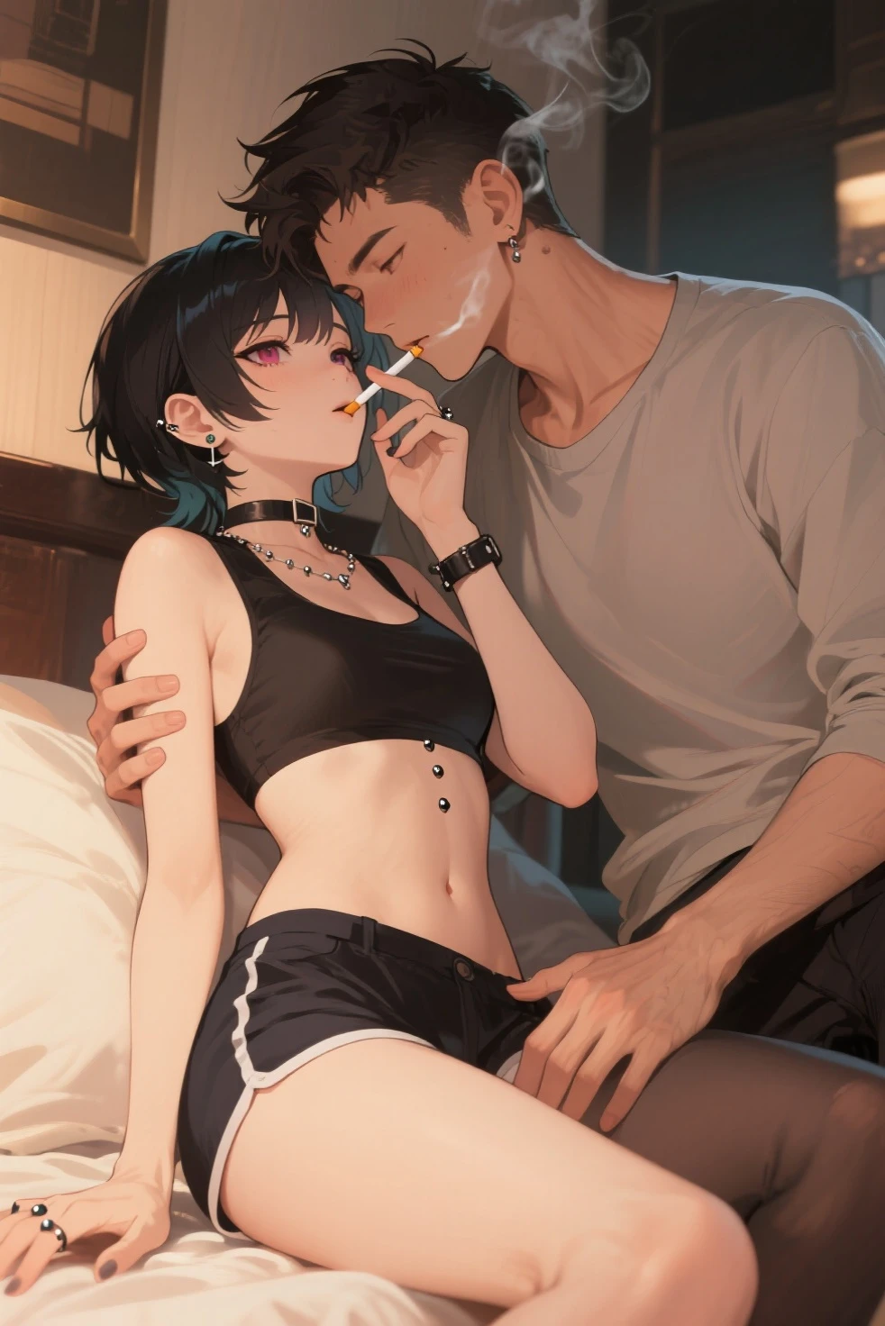 (man and woman kissing:1.6), (French kiss:1.6), (masterpiece, Best Quality, high resolution, nffsw, Perfect Pixel, depth of fields, 4K), , Perfect body, , (boy and girl:1.6), (2 human in picture:1.6) , jirou, short hair, purple hair, blunt bangs, sidelocks, purple eyes, long earlobes, , pink shirt, torn shirt, black jacket, pants, , black choker,, (large boob:1.2) , nsfw,(ecstasy:1.3) ,(slut:1.2),(vulgarity:1.3),(fucked silly:1.1),(steam:1.1),(wet:0.8),(trembling:0.8),(tears:0.7) ,(drooling:0.6),(sweat:0.8), wince,(orgasm:1.5), , (nipples:1.4), , ,,(hardcore,sex:1.4), (blush:1.6)