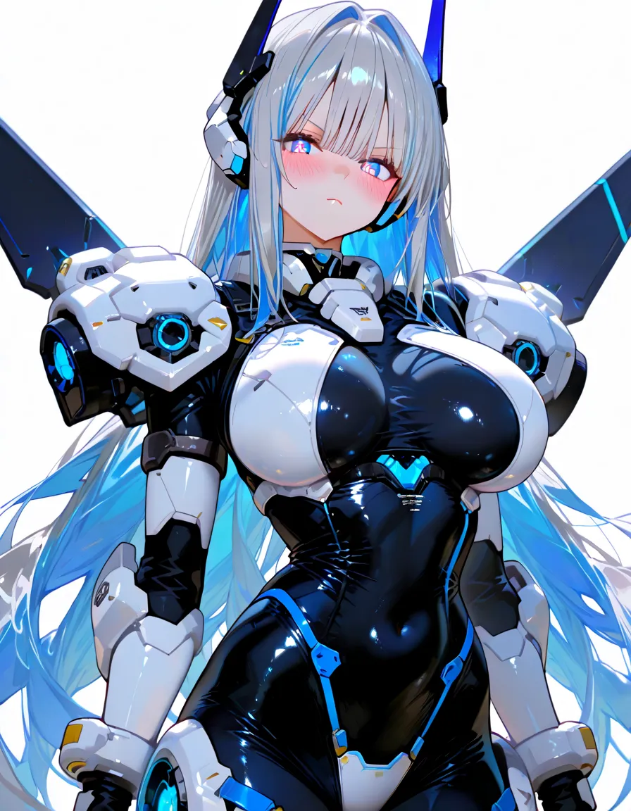 [(White Background:1.5)], (((masterpiece))), (Upper Body), One girl, ((Cyborg Girl)), alone, Hatsune Miku・VOCALOID、Light blue hair, Twin tails、Long Hair, Blue inner hair, blue eyes, sf, (mecha musume:1.5), ((Attack Type)), Machinery Parts, Orange headgear, Mechanical wings and tail, ((Mechanical Black Heavy Armor)), ((Neon Light Blue)), Anime Style