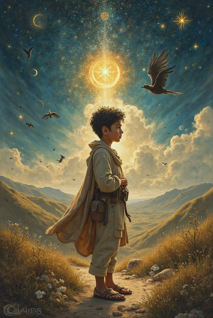 Dark skinned magician boy in space staring at the earth while he is completely turned away in a more or less modern outfit, a Cape, a hood covering his head and a magic staff