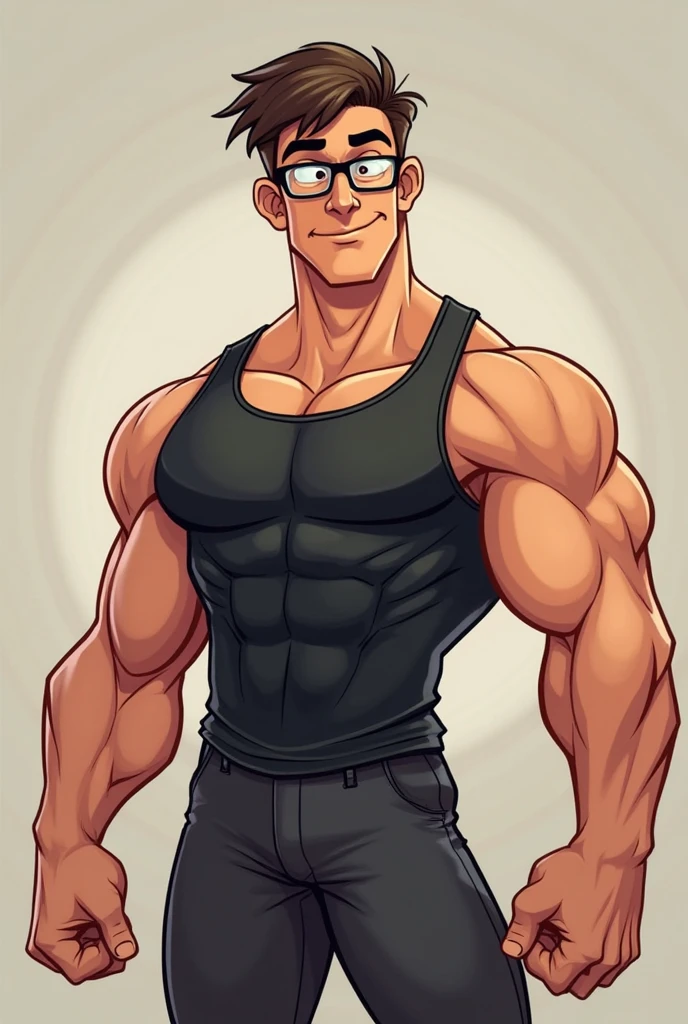 Strong man pixel art with short curly black hair, wearing glasses and a navy blue sweater