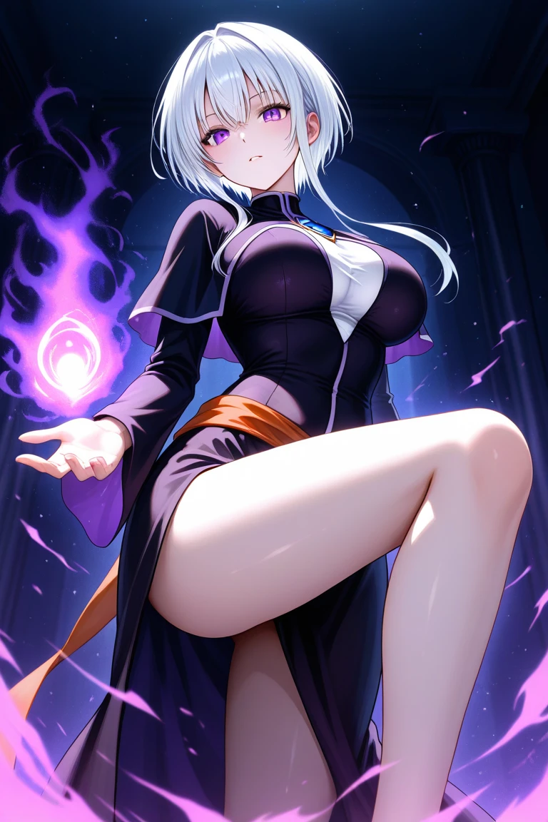1girl, japanese clothes, ponytail ,white hair, purple eyes, magic circle, blue fire, blue flames, wallpaper, landscape, blood, blood splatter, depth of field, night, light particles, light rays, sidelighting, thighs, fate \(series\), genshin impact, ****, open jacket, short skirt, thighhighs, cloud, big boobs , hot outfit , sexy pose