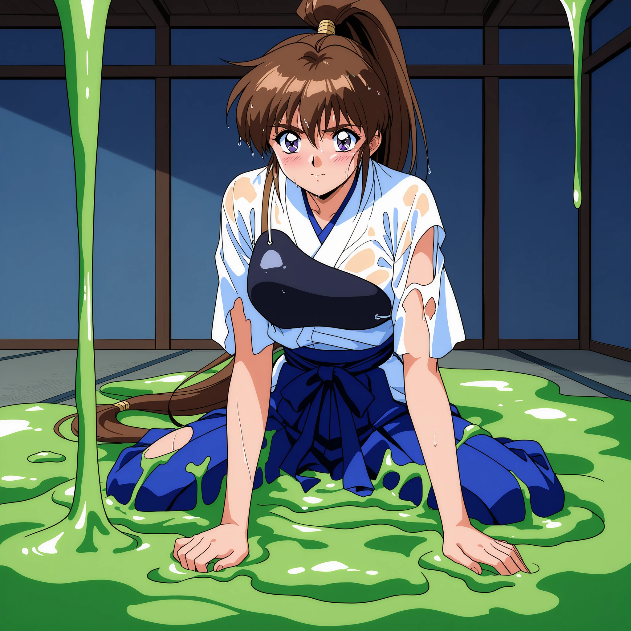 1girl,solo,masterpiece,general,highres, ultra-detailed,very aesthetic,best quality,best hands,best eyes,easynegative,perfect anatomy,BREAK,Amatsu_Ai, brown hair, ponytail, very long hair,bangs, purple eyes, high ponytail, 1990s \(style\),anime coloring,BREAK,BREAK,kyudo wear,kyudogi,muneate,dark blue hakama skirt,hakama,melted torn clothes,see through,indoors,green slime,large melted green substance slime spread across body, entire body is covered in large melted green substance slime (substance),lots of melted green substance slime on clothes,wet hair,wet body,large melted green substance slimes falling from the ceiling,,shy,embarrassed,
