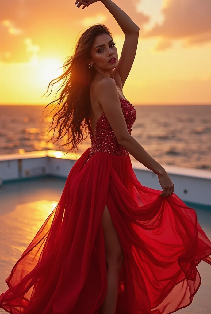 Detailed perfect face of woman. breathtaking woman in a red short thin strapped colored dress standing on top of a tall building, fantasy. long curly red hair, Detailed face. Alcohol ink sunset background. looking the ocean beautiful gown. gown hanging down the side of the tall building. highly detailed, and red tones, high fashion expensive, award-winning, professional, highly detailed, sharp focus, intricate details, highly detailed, by greg rutkowski, Mysterious, sharp focus, emitting diodes, smoke, artillery, sparks, racks, system unit, motherboard, by pascal blanche rutkowski repin artstation hyperrealism painting concept art of detailed character design matte painting, 4 k resolution blade runner