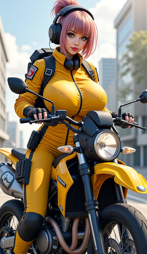 (realistic:1.5), 8K, Super high quality women, intricate body details, (short: 1.3), (highest quality: 1.0), (Super high sharpness: 1.0), (thin hair:1.4),(Beautiful and delicate depiction of eyes),((((ride a motorcycle)))),unreal engine:1.4,photorealistic:1.4, skin texture:1.4, masterpiece:1.8,highest quality at best,full body shot、(((Yellow riding leather suit and trousers)))、long limbs、smile、((braided hair))、camel toe、huge tit、nipple puff、cleavage、Plump、Super big breasts、super big butt、Super big breastsライダー、Shine a Light、Temptation、lure、nipple