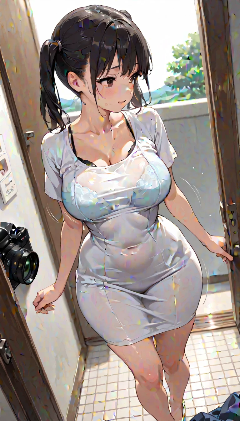 (ultra high resolution:1.6), (masterpiece), (best quality:1.6), realistic, (1 girl), (chae yoon:1.1), (brown hair), long hair, best quality, standing in a sexy pose, (erotic face:1.2), (sexual pleasure:1.1), (pussy leaking), (alone in a gray modern house:1.2), (night time), (wearing loose short white nightgown:1.5), (transparent nightgown:1.6), medium breasts, (orgasm face), looking at camera, (embarrassed), hands on vagina, knees facing inwards