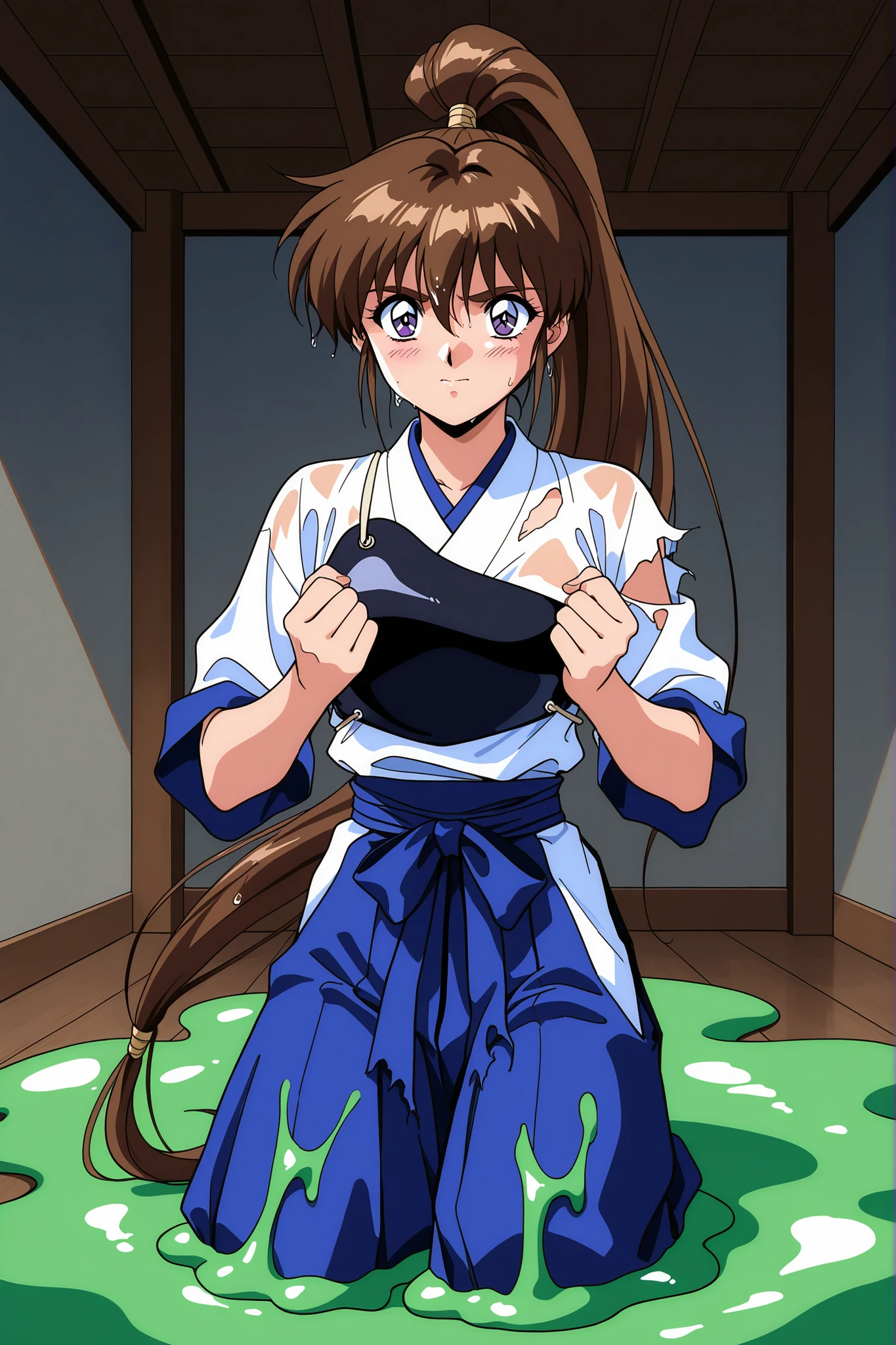 1girl,solo,masterpiece,general,highres, ultra-detailed,very aesthetic,best quality,best hands,best eyes,easynegative,perfect anatomy,BREAK,Amatsu_Ai, brown hair, ponytail, very long hair,bangs, purple eyes, high ponytail, 1990s \(style\),anime coloring,BREAK,BREAK,kyudo wear,kyudogi,muneate,dark blue hakama skirt,hakama,melted torn clothes,see through,indoors,green slime,large melted green substance slime spread across body, entire body is covered in large melted green substance slime (substance),lots of melted green substance slime on clothes,wet hair,wet body,large melted green substance slimes falling from the ceiling,,shy,embarrassed,