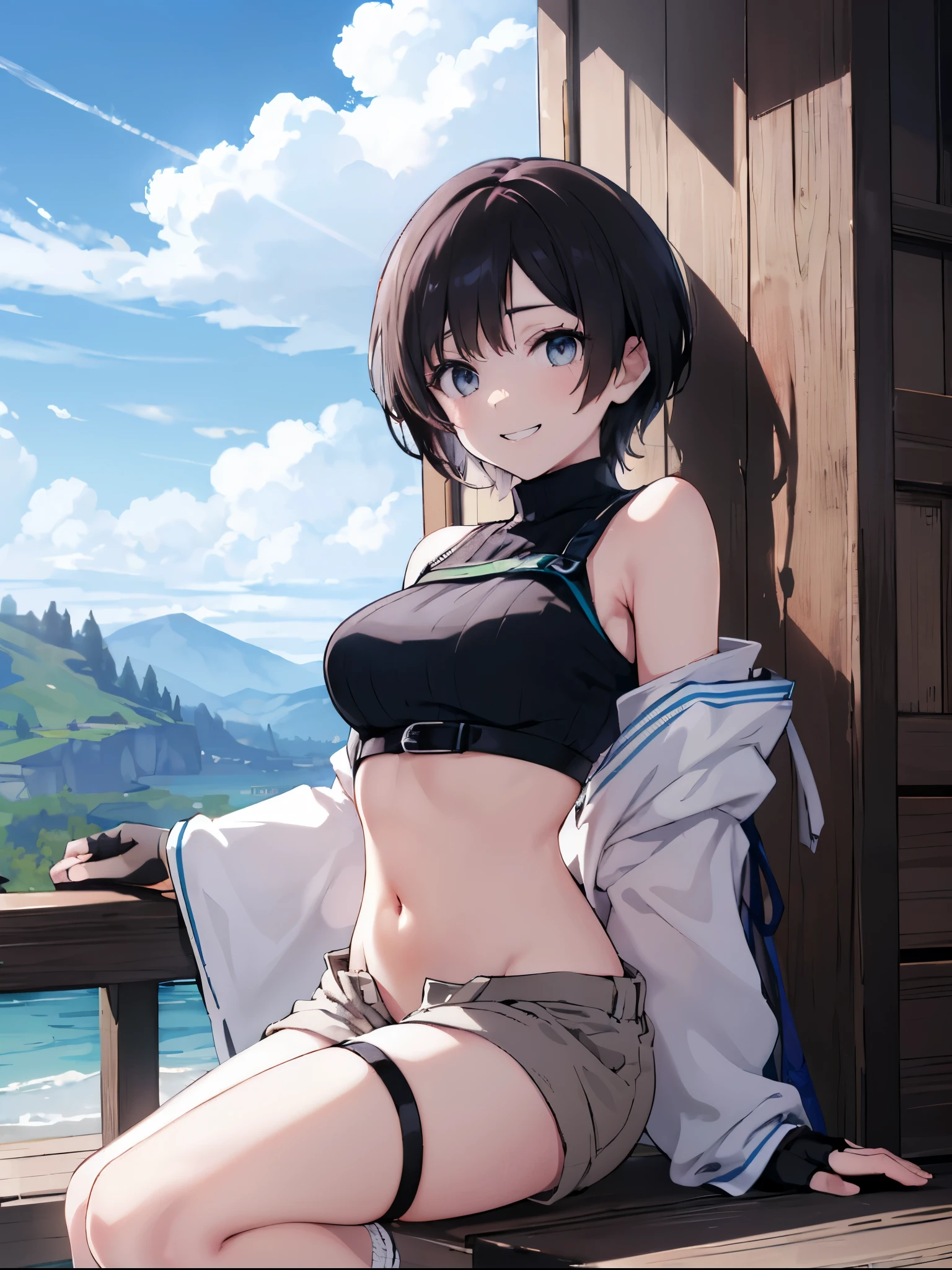 (masterpiece:1.2), (highest quality:1.2), perfect eyes, perfect face, perfect lighting, desert, (((white bikini armor))), nsfw, , 1girl, Black Hair, white eye, blunt bangs, short hair , Ahoge ,looking at the viewer, (fang), open mouth, ((((disdain)))), arms behind head,Large size, spread legs, abs,((grin)), (((Small breasts))),