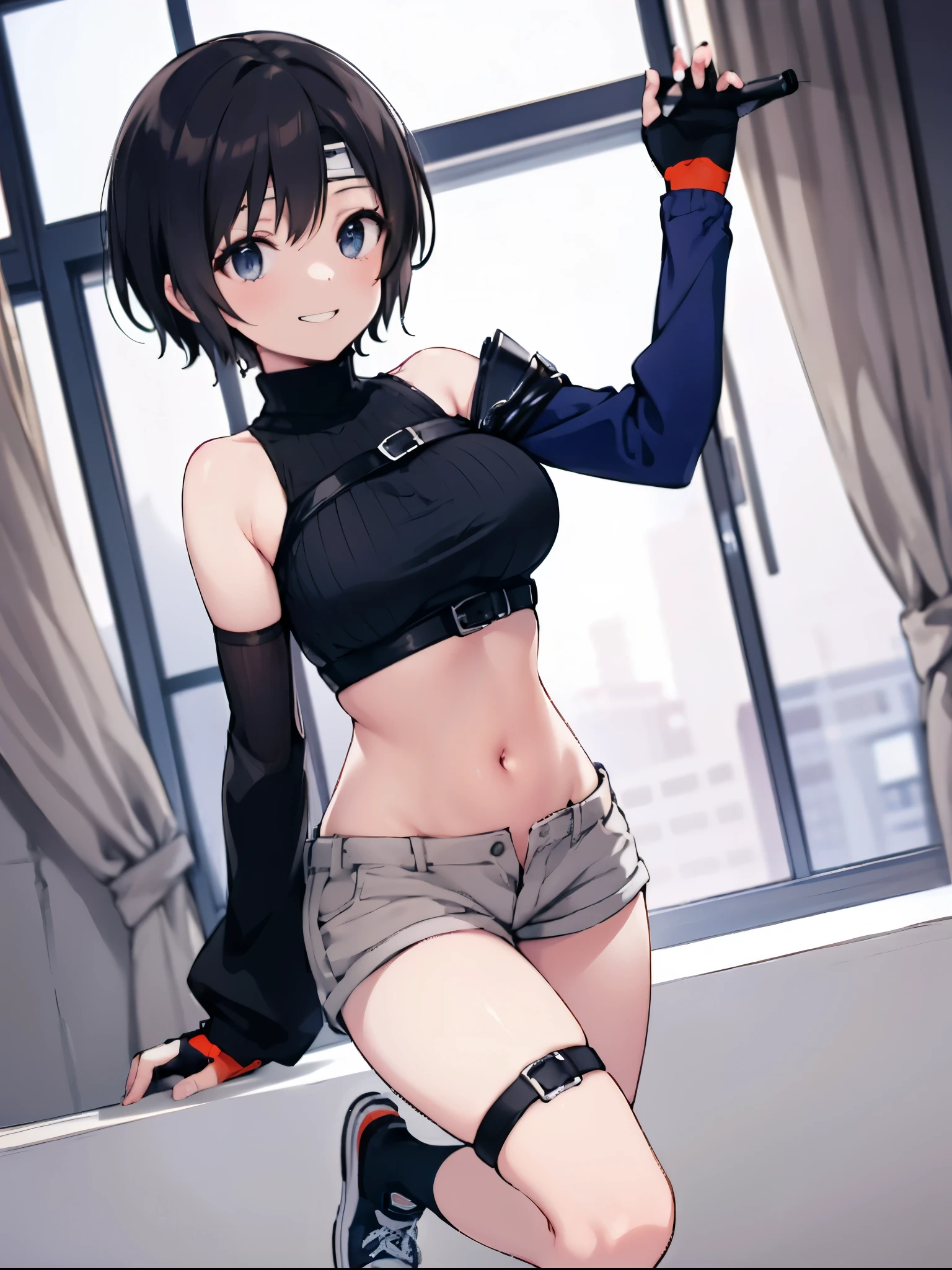 Masterpiece, Best quality, cute female child, hair adornments, Crop top, Short shorts, Pantyhose, leg belt, ribbon_choker necklace,