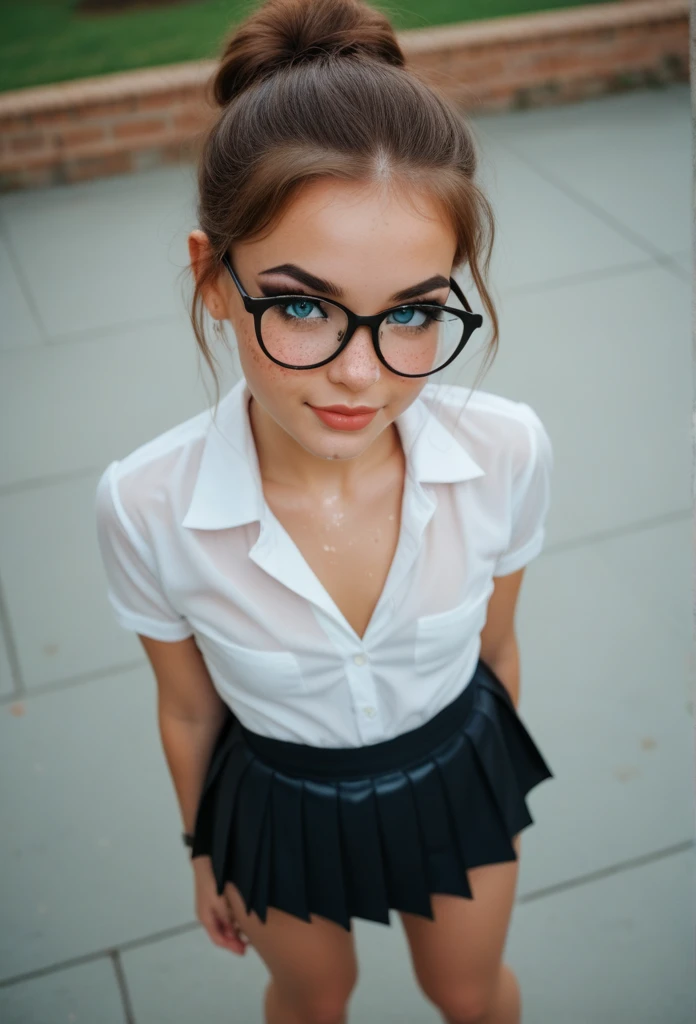 25 year old european woman with indigo hair in a short ponytail dressed in a schoolgirl outfit with leather miniskirt, cleavage, belt, glasses. Blue eyes with eye liner. Neutral background
