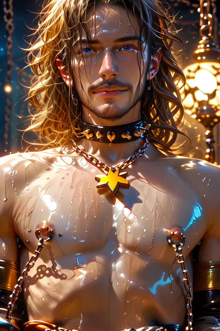 realistic photo of seductive aroused muscular charming handsome attractive twink vampire man Alucard with long blonde hair and glowing amber gold golden eyes wearing seductive lacey lace silk star lingerie, star print lingerie thong jockstrap, glutes thong, star 🌟, shooting star night sky, seductive bedroom