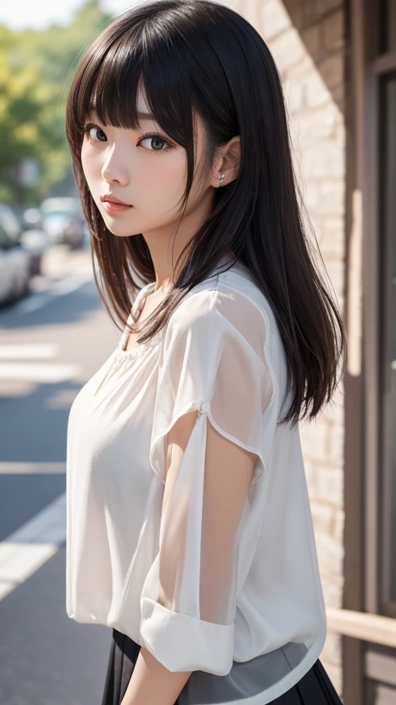 masutepiece, Best Quality, 8K, 1girl in, Good Hand, 14 yo, close up of face, Lively, Cute, Girly, Goddess, Delicate girl, Neat and clean beauty, Luminescent, Looking away, Raw photo, F/1.8, 135 mm, NIKON, Anatomically correct, Bokeh,Textured skin, Professional Photography, Portrait, Soft light, Professional Lighting, Solo, (Smile), Cute, Girly, Film grain, (Eyes and faces with detailed:1.0), Brown hair, Medium hair swaying in the wind, Bangs, Silk blouse
