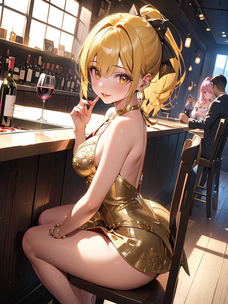Accurate human body、Detailed people、Correct five-finger、4K - ultra-vivid、highest quality, masterpiece, Ultra-high resolution, Detailed Background、The perfect background、
(((Oily skin,Sparkling Skin、Realistic skin texture、Detailed beautiful skin、Shiny skin、Slimy skin、Glowing Skin、Shiny skin)))、
Full Body Shot, Low camera angle, Depth of written boundary, Focus on the center, Fine grain, Perfect face and eyes、
(gyaru:1.2, Cream yellow short ponytail hair:1.8, Black skin:1.5), ((Big Breasts)), (Night dress、split dress、Red dress、blue eyes、Pink Lip Gloss), (nightclub:1.1, Night lounge:1.1, Drunk, drink alcohol), kurogyaru, A large black sofa 、Young and cute gyaru, laughing happily