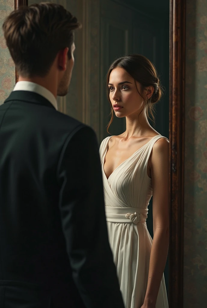 Create a vertical photo of a couple in the mirror, where the man admires his girlfriend, who is wearing a long dress, the woman with medium breasts and the man who is tall in a suit, that both look at the mirror