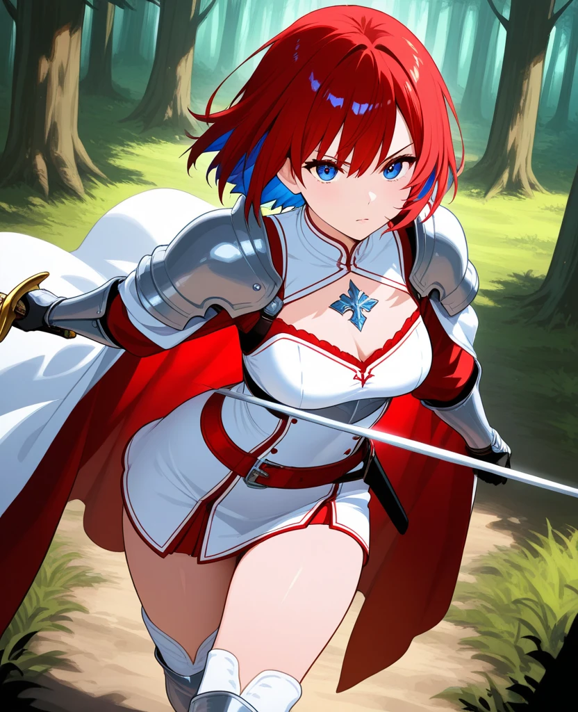 1 medieval woman in light women's armor showing thighs and cleavage, en una mazmorra estilo d&d, / (The appearance is of a young woman with long red hair with a ponytail and some knots above the hair., blue eyes), with a shining sword in his hands, the stage is full of particles