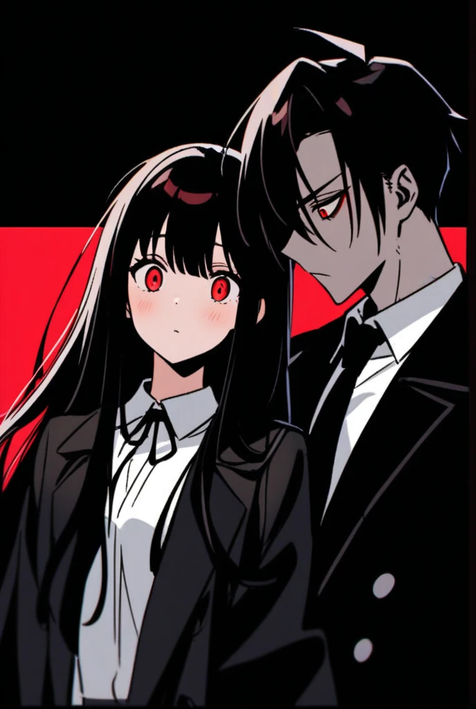 Man with glasses, black hair, black suit with small white stripes, and red tie