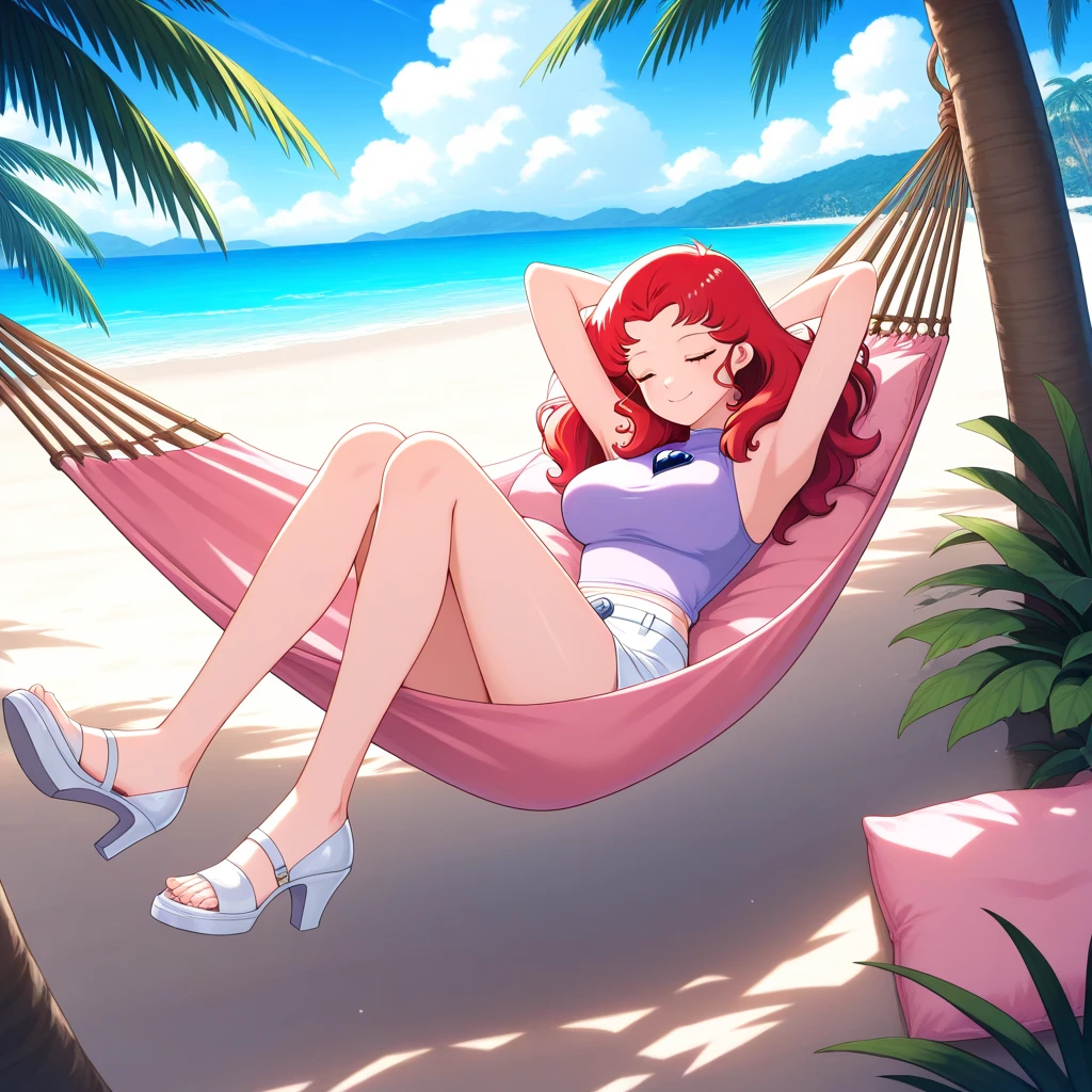 1girl in, beautidful eyes, Smile, fiery red, Soft pastel orange, Relaxed, Playful pranks, Bright red bikini, loosely tied on the sides, Glitter under the setting sun, Long wavy free-flowing hair, fiery red hair, Seductive amber eyes, Teasing smile, Tropical Beach, Sun setting over the ocean,legs crossed, Lying down, Angle from below