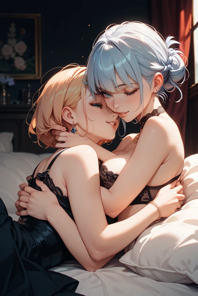 Details、ultra-detailliert、masterpiece、top-quality、Beautiful fece、A detailed eye、 (3 women:1.4)、Three Succubus(symmetrical succubus wings)、(triplets:1.2)、(Night time)、、(bow ribbon:1.1)、(Two-side-up)neck tie、bra very、耳环、()、Shady face、(dark backgrounds)、malicious smile、Bruises and ugly facial features、Young features、(、long-sleeve、(fluffy sleeves fluffy hair、(Open your mouth and laugh)、、l、Chiquita、Colossal tits、Colossal tits、(Put your hand on your face)、、Ruffled uniforms、hair clips、(Ridicule:1.1)、looking-down、Angle from behind、respected by women、(upward looking gaze:1.2)、超Colossal tits、(hearts symbol:1.5)、(Mass of heart:1.5)、(Heart Effect:1.5)、(heart mark:1.5)、demon tail、Devil's Tail、Succubus、(超Colossal tits:1.3)、Colossal tits、(Tattoo of the heart:1.dare、Devil's Tail、Boob Matching ,Girl Sandwich face sandwich(confused and blushing、Small Girl、kawaii facepose your ahegao) Bury your face in cleavage top and bottom sandwich Sullen expression Women's bed I'm lying down Complete capture by turning your hands behind your back Rich kiss