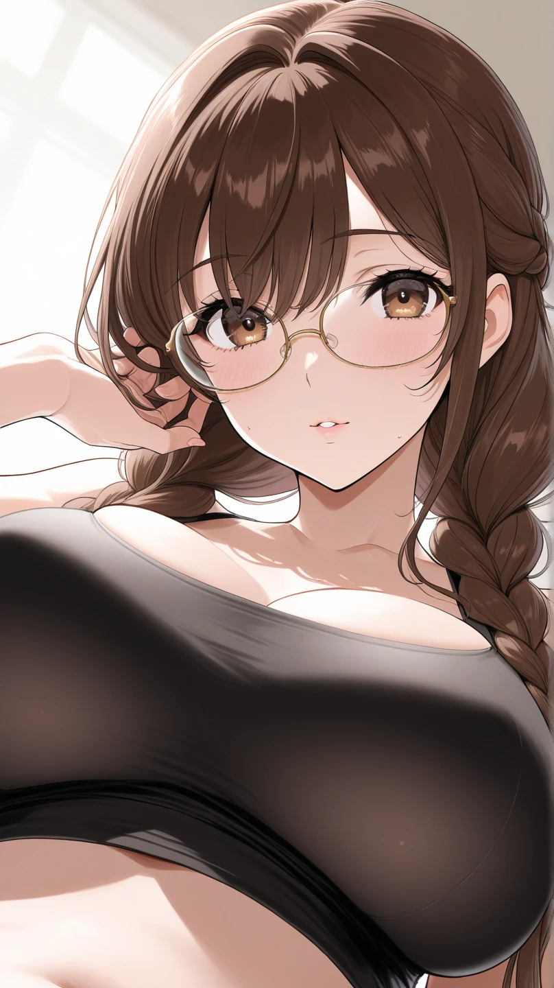 Anime style girl with brown hair with glasses wearing a black sweater with bare shoulders long hair black skirt light pink cheeks anime style who has her hands on her head back and smiles and who has big breasts