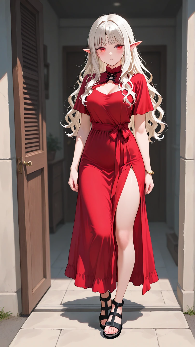 high stature, long hair light chestnut tone, big and almond eyes, intense green eyes, slender and elegant figure, she wears a elegant red dress, red elegant shoes, big boobs. Full body. Garden in the night background