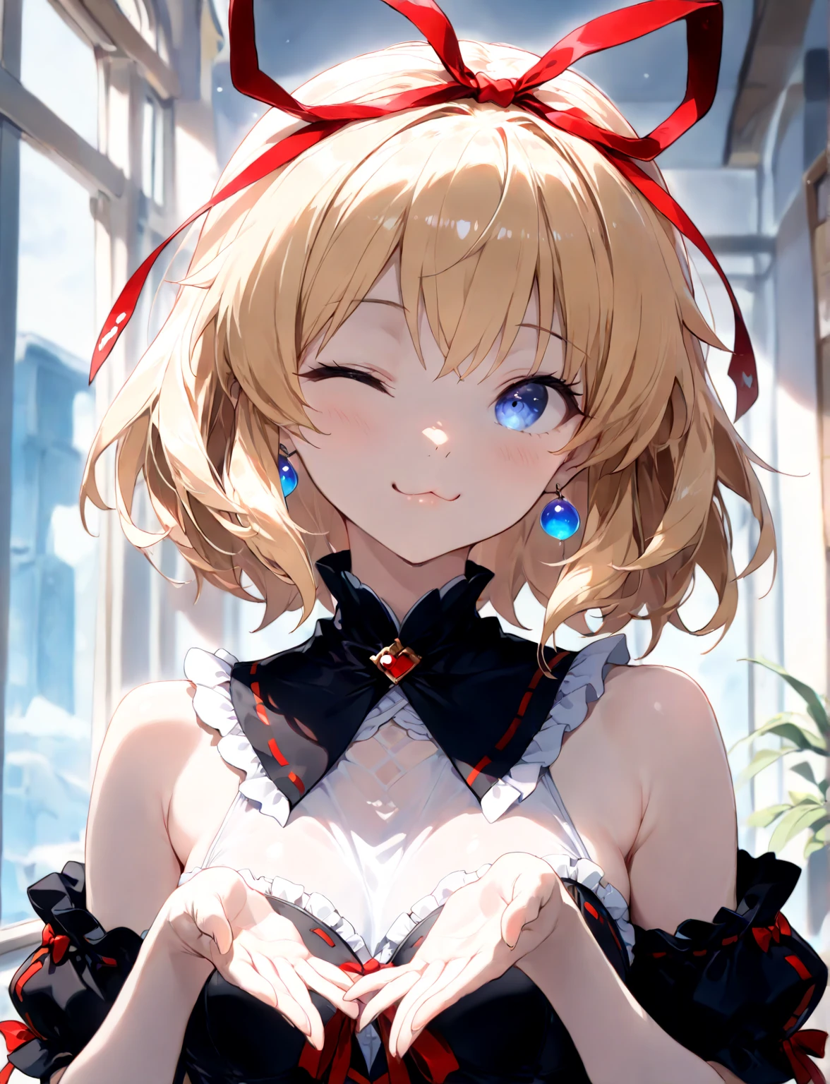 best quality, super fine, 16k, incredibly absurdres, extremely detailed, delicate and dynamic, beautiful and adorable lady, blonde messy wavy short hair, bluntly bangs, captivating look, aroused expression, crazy smile, scary smile, evil smile, teasing smile, grin, lewd smile, malicious smile, creepy smile, moody bad, wearing pure white no-slave frilly miniskirt dress, white bucket hat, superlative body proportion, black knee-high fishnet stockings, beautiful pose, blue eyes, crimson lips, iridescent petals fluttering down, iridescent pastel color light effects, beautiful artistic piece of art