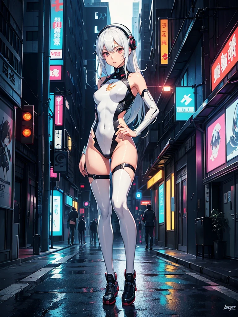 Anime girl with career pack and uniform in the city, an oppai cyberpunk, cyberpunk accessory, High ponytail with neon thin lines, ((hair neon wire)) , silver metal, neon lights of her city, Spotrigs girl, In a mostly dark gigre、the light hit her body, Breast, lower back, very dark surroundings, Break the visuals of your domain, strong contrast colors, cian, Green, Blue palette, Cold tones, Looking away, very serious attitude, punk attitude, punk body language, rigs particle, pollution, harsh world, saddened, radioactive city, dark ambient, Damage to tubular structures, rusty tech, Wet street, Crowded city, ((Brilliant Drone Beat Win Sky Clapper))