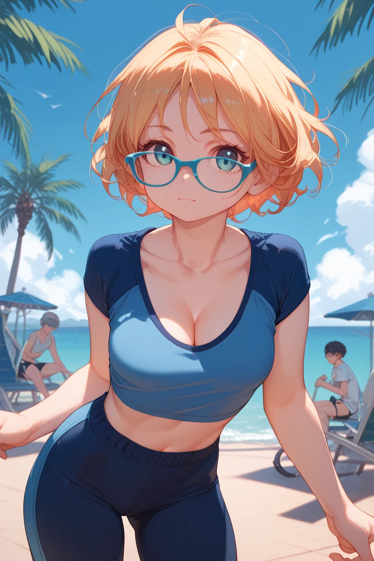 (masterpiece, best quality:1.2),1girl, (solo), Android 18 from Dragon Ball, ((floral print white sport bra, black dolphin shorts)), medium breasts, blunt bangs, blonde short hair, black eyes, earrings on earlobes, slim, slender feminine figure, skinny body, blush, magnificent view, blur background, 8K, the Eiffel Tower, collarbone, riverside, sky, sunny, thigh gap, (wearing glasses),