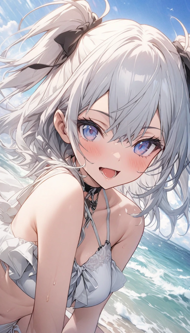 1girl, Paimon, (paimon genshin:1.3), (loli:1.5), (baby face:1.4), (white hair:1.4), seductive expression, slim lips, seductive pose, (swimsuit:1.3), (white bikini:1.4), beautiful swimsuit, cleavage, (tiny flat boobs:1.4), flat chest, halo on head, divine crown, high quality, best drawing, ultra detailed, 4k ultra hd, anime wallpaper, aesthetic background, beach background, high quality beach background, anime beach, detailed sea, detailed ocean, detailed water, ray tracing lighting, high quality background, high resolution, masterpiece, sharp details, ultra fine details, intricate details, (best resolution:1.5), directional lighting, cinematic details,raw 4k hdr, ((detailed face)), ((photorealistic face)), ((detailed hands)), (detailed body), (detailed hair), (((extreme detail)), ultra hd 4k, cinematic 8k, raw 8k, cinematic lightning, ((fine details)), ((intricate details)), ((detailed facial features)), ((detailed eyes)), detailed lighting, intricate detail, (((realistic))), realistic details, realistic face, ((extreme details)), (realistic face), realistic body, (((detailed body))), extremely detailed lighting, ((dynamic lighting)), (((ray tracing))), (((8k ultra hd))), cinematic lightning, (((extremely detailed realistic background))), (((detailed background))), ((realistic background)), ((cinematic background)), super realistic, natural lighting, natural background blur, (((photorealistic))), hyperrealistic 8k hdr background, (((sharp photorealistic details))), (masterpiece:1.5), drawn by master, best super quality, ultra quality, hyperrealistic lighting, beautiful background