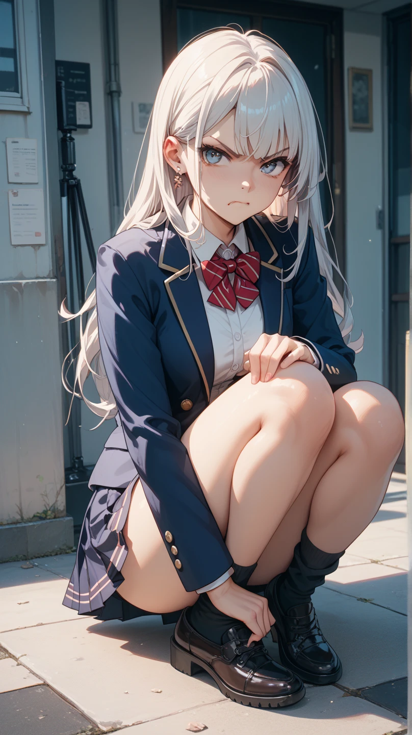 ((Perfect Anatomy:1.3,Realistic:1.3,RAW Photos:1.3,masterpiece、highest quality、Ultra - High resolution、High resolution、Highly detailed CG、8k)),Cowboy Shot．　　　　　　　　　　　　　　　　　　　　　　　　　　　　　　　　　1 female,alone,18-year-old、high school girl，beautiful girl,((Beautiful Eyes:1.2,Big Beautiful Eyes:1.3,)),Platinum Blonde,Long Hair,(Center parted hair:1.4,amount),Small Head:1.3,((Provocative smile))，thin,((Dark brown skin:1.5)),(Oily skin,Glowing Skin,Shiny skin,(school uniform、Dark blue blazer jacket、Checkered pleated mini skirt，White socks，Black Loafers),(Show viewers white panties)，Beautiful legs，squat.                                                                                                                              The background is a dirty back alley、((dark)),((At night))、Tokyo.