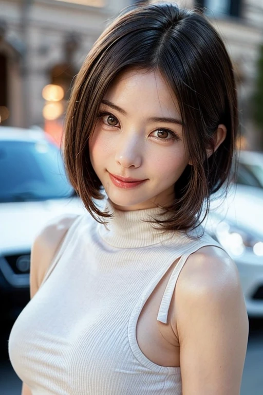 (masutepiece, top-quality、high-detail:1.4、Very attractive beauty、Add intense highlights to the eyes、Look firmly at the camera:1.4、A beautiful woman full of charm、Ideal ratio body proportions、Perfect Anatomy、Brunette Short Bob Hair、Lustrous hair、bangss:1.4、shiny bangs:1.4、lipgloss),1girl in, report, Light brown shiny hair, muffler,realisitic, looking at the viewers、Tilt your head slightly, Bright colored crystal light blue eyes, short shiny hair、 White turtleneck outfit with a hole in the center of the chest,Sexy white turtleneck knit sweater with a round hole in the middle of the chest、 s lips, lipgloss, The upper part of the body、big eye、Lashes、A little red in the face、Embarrassing)、((italian road in winter))、((short hair with big eyes、Put very strong highlights in your students、{Gigantic|Big|Huge|Mega} breasts:1.4、very Bigger breasts、gazing at viewer、Very beautiful beauty、Put your ears out、long neck、little smiling、Beautiful teeth、Open your mouth and smile、Heart-shaped pupil))、28 year old、Very cute supermodel、