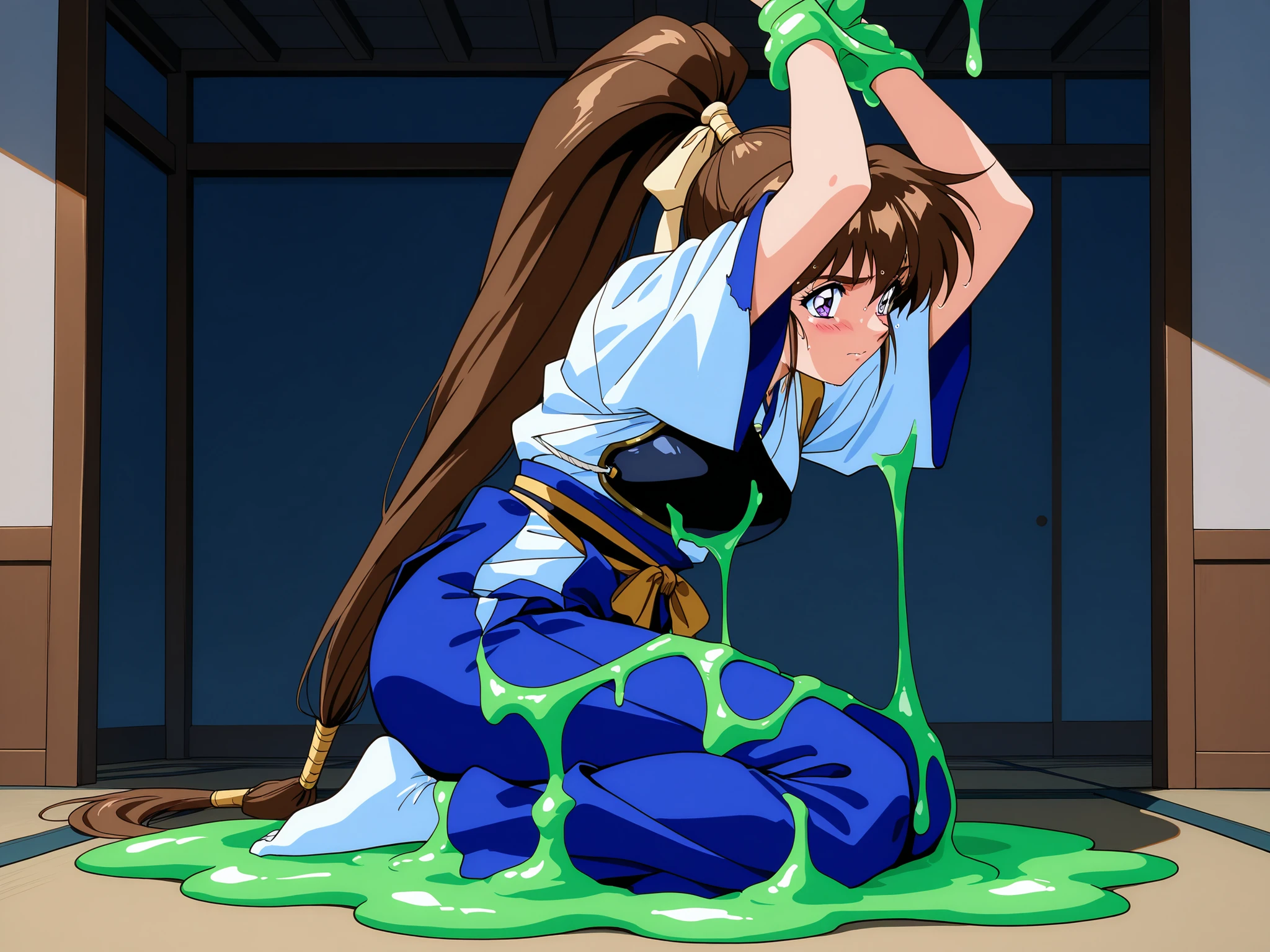 1girl,solo,masterpiece,general,highres, ultra-detailed,very aesthetic,best quality,best hands,best eyes,easynegative,perfect anatomy,BREAK,Amatsu_Ai, brown hair, ponytail, very long hair,bangs, purple eyes, high ponytail, 1990s \(style\),anime coloring,BREAK,BREAK,kyudo wear,kyudogi,muneate,dark blue hakama skirt,hakama,melted torn clothes,see through,indoors,green slime,large melted green substance slime spread across body, entire body is covered in large melted green substance slime (substance),lots of melted green substance slime on clothes,wet hair,wet body,large melted green substance slimes falling from the ceiling,,shy,embarrassed,kneeling,arms bound,arms up,from side,ass focus