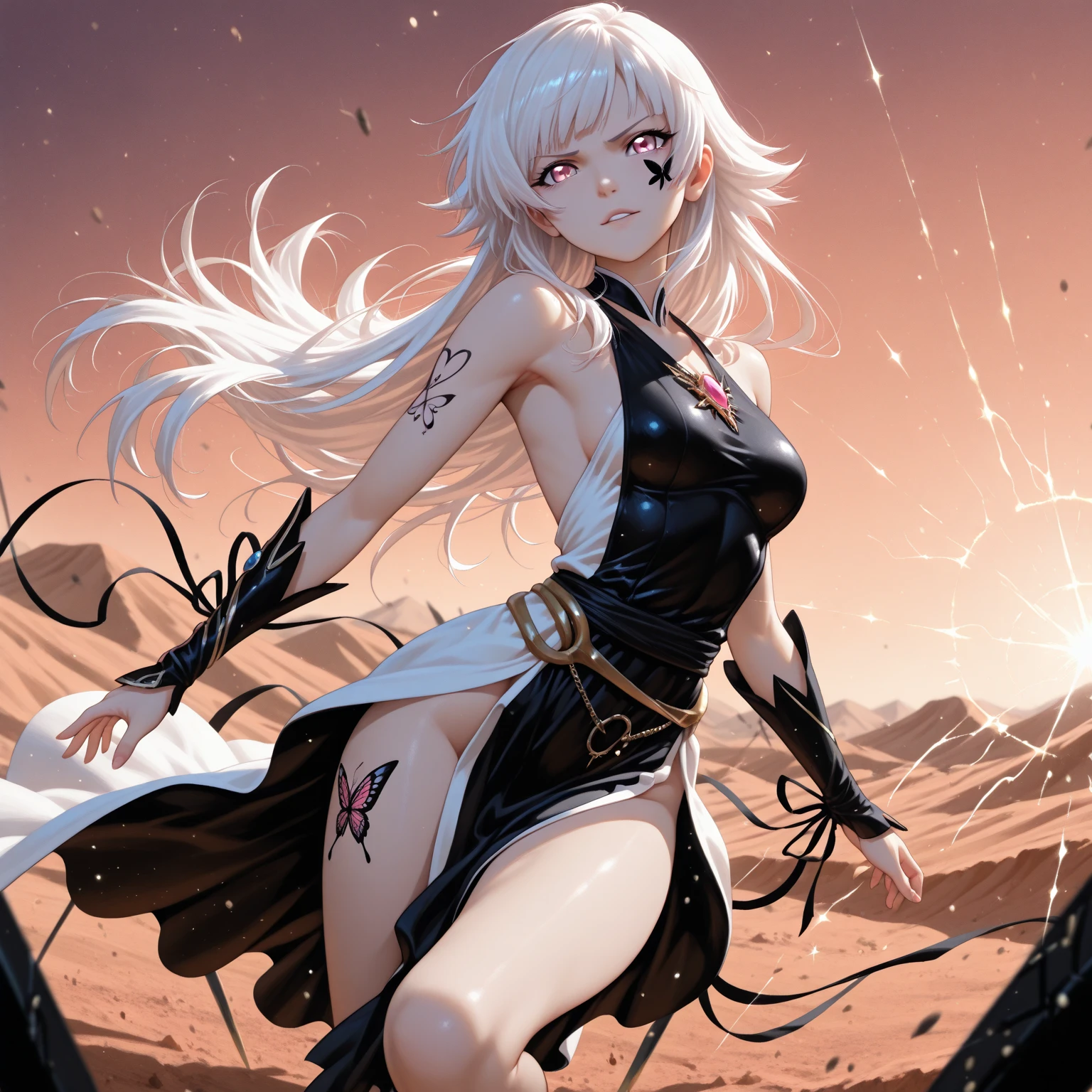 masterpiece, highres, best quality, cowboy shot, 1girl, solo, shinobu jacobs, white hair, (big hair, messy hair, afro:1.2), hair over one eye, thick eyelashes, dark skin, looking at viewer, large breasts, black dress, NMH2, lace, fingerless gloves, scarf,