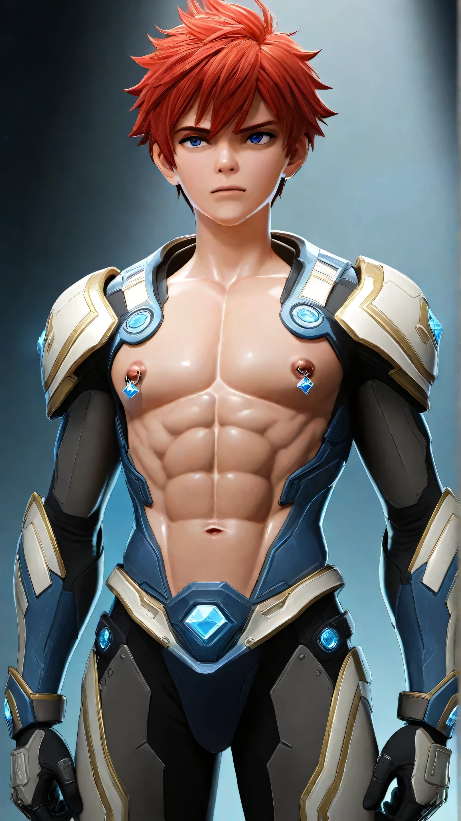 A high-definition image of a young age boy wearing a mecha full body armor that open only at the abdomen and chest, revealing defined abs and chest to his nipples, The background shows a futuristic, high-tech setting with advanced machinery and dim, atmospheric lighting to emphasize the details of the armor and the boy's physique. The boy looks determined and focused, as if preparing for an upcoming battle or mission. art style and the armor should be cover all his body except for abs and chest shota, A broader chest calm face,dark atmosfer,good shedding,red short hair,good nipple,chest and abs looks shiny,shoot from down,young age all hd quality,semi realistic, good line art and light from his back,good abs, short hair,solo leveling art style,3d,ring nipple piercing with shining blue gewel ,(full cover armor side and back),make sure to keep open his chest and abs, laboratory with crowd his robotic army for background,uncover neck,his neck should be exposed, exposed neck,no collar,no collar armor,ring shining glow nipple piercing gem,anime art style,good line art,more muscular chest,good bigger muscular chest,don't cover chest with armor,the armor should cover only his side,Make his chest more prominent, anime art style