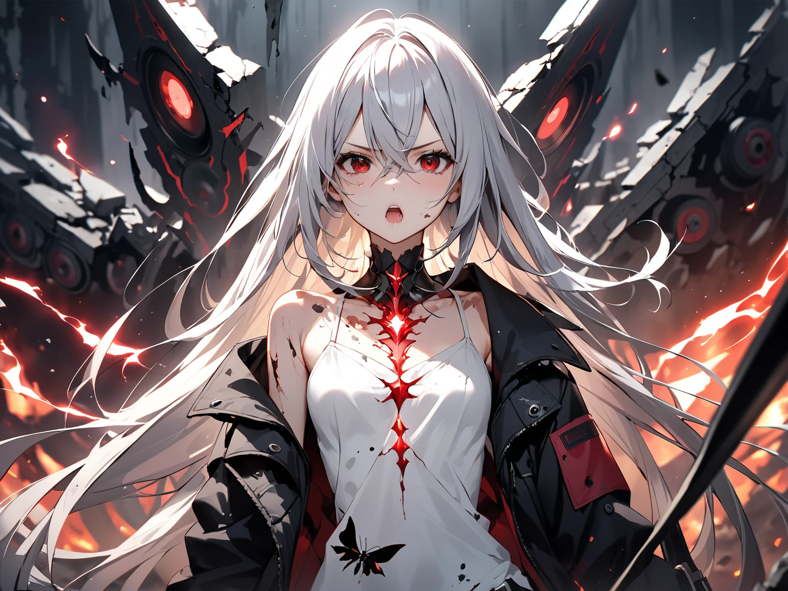1 garota, peitos grandes, cabelo branco, olhos roxos, magic circle, Papel de parede ecchi, paisagem, sangue, sangue splatter, noite, raios de luz, side lighting, saia, coxas, peitos de fora